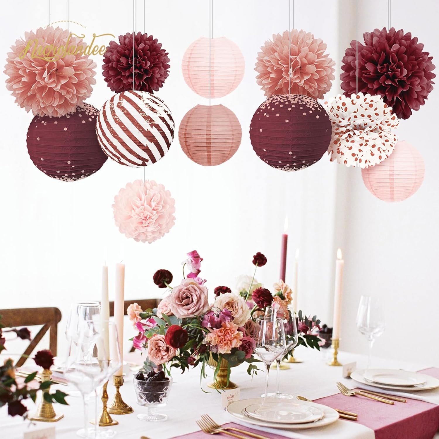 NICROLANDEE Burgundy Party Decor 12PCS Tissue Pom Poms and Lanterns