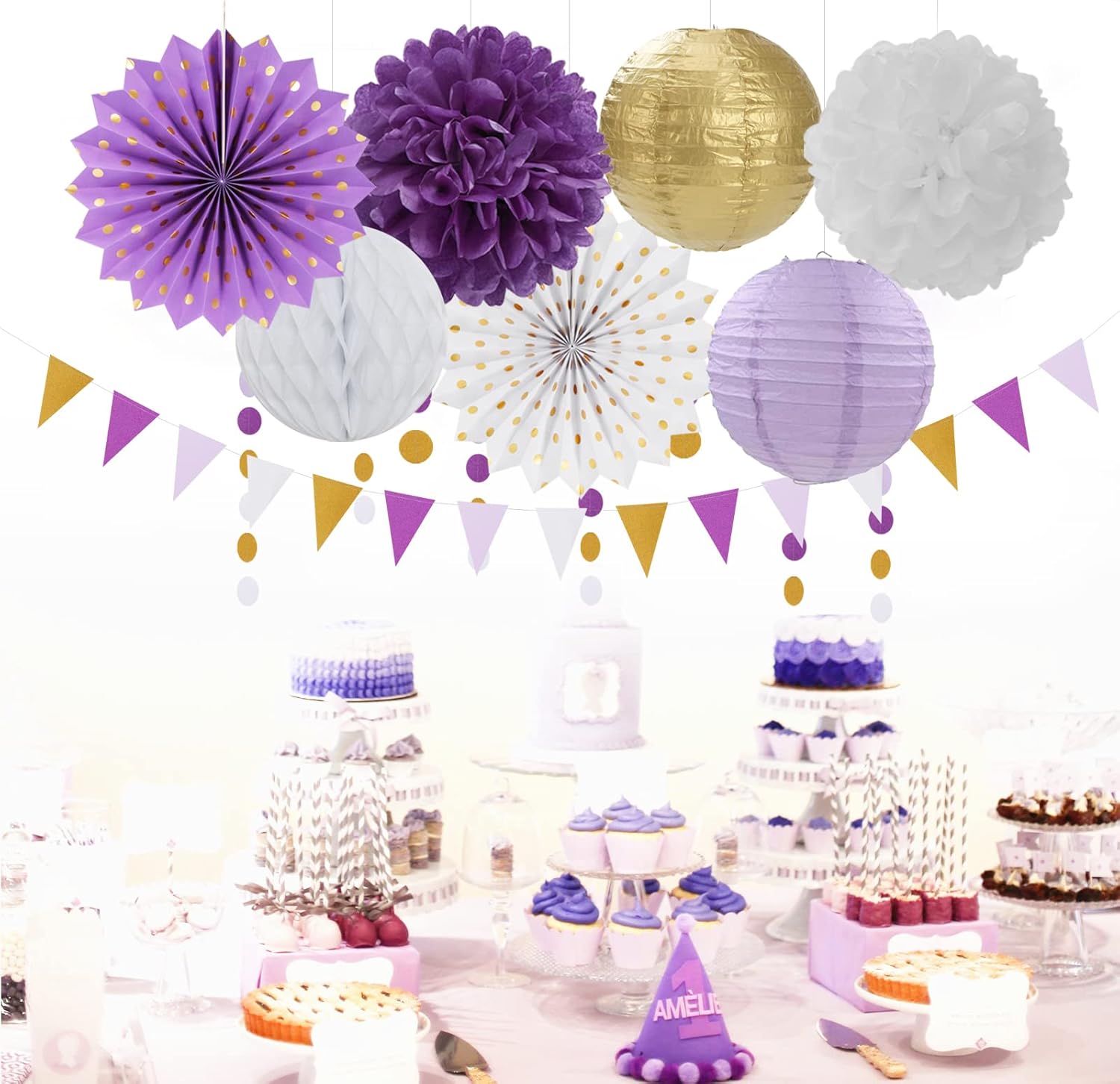 Purple Gold Party Decorations Streamers Lanterns - 14pcs