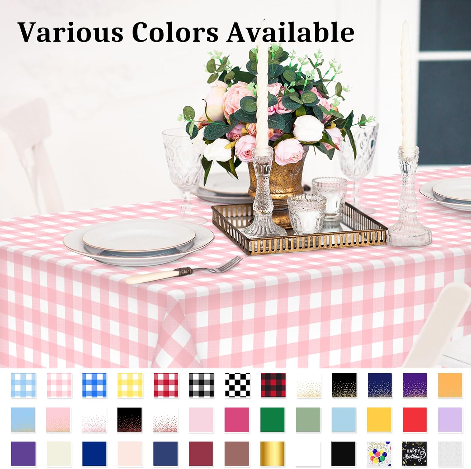 12 Pcs Pink Gingham Tablecloth Set Waterproof Disposable for Parties