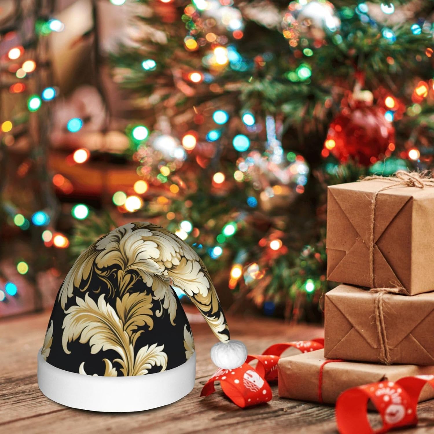 Damask Pattern Christmas Santa Hat Plush for Adults