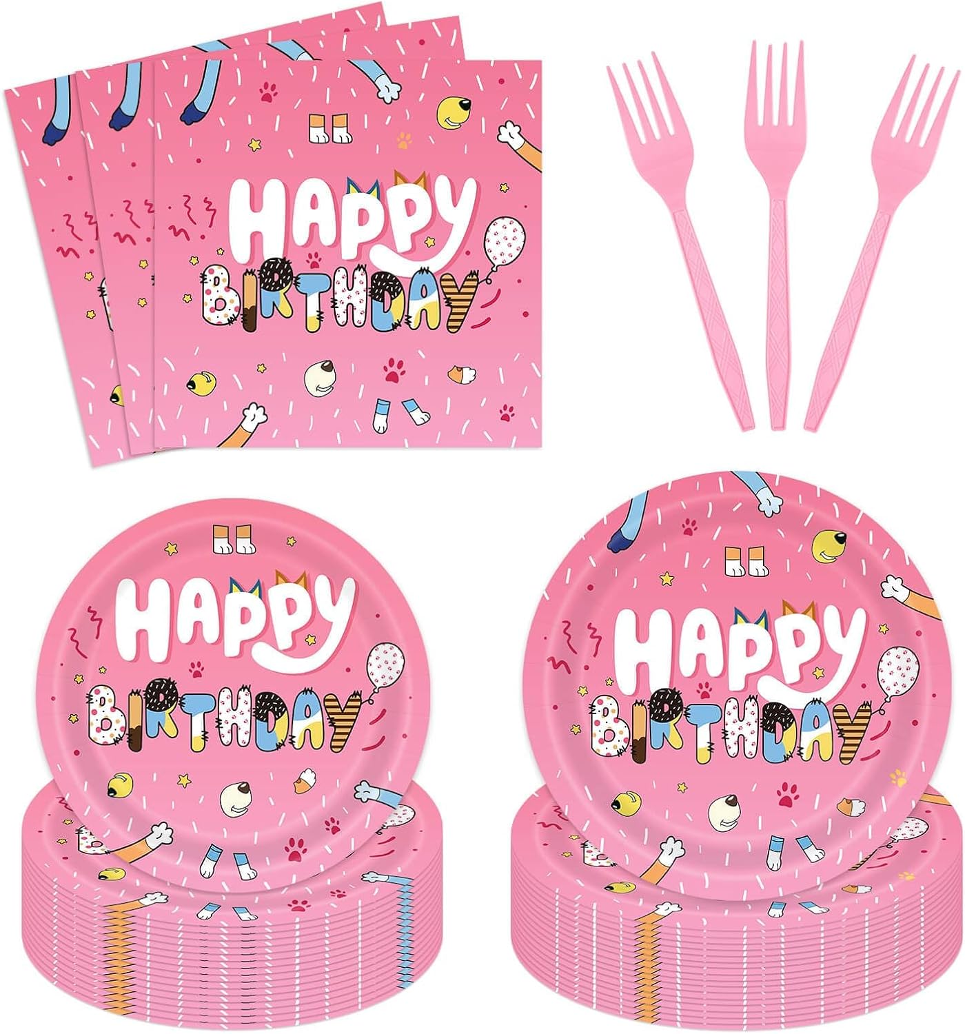 96Pcs Cartoon Pink Dog Party Tableware Set for 24 Guests