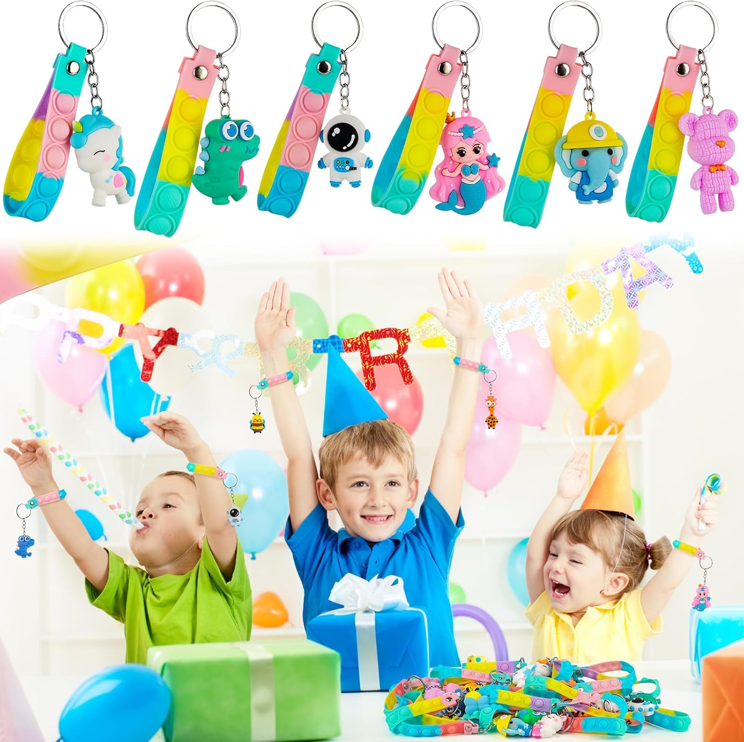 28 Pack Pop Fidget Toys with 3D Animal Keychains for Kids