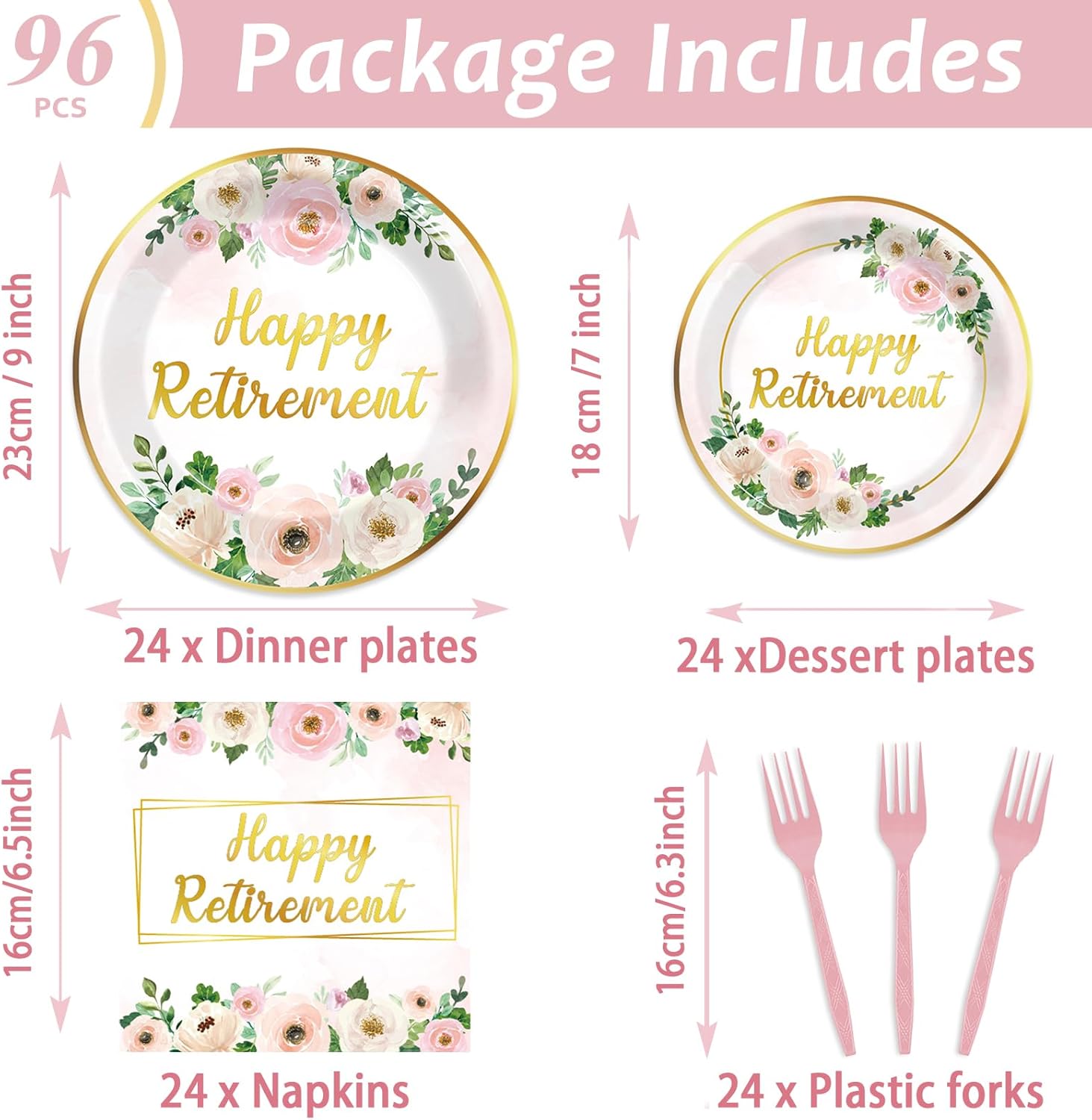 96Pcs Pink Flower Retirement Party Decorations 24 Guests