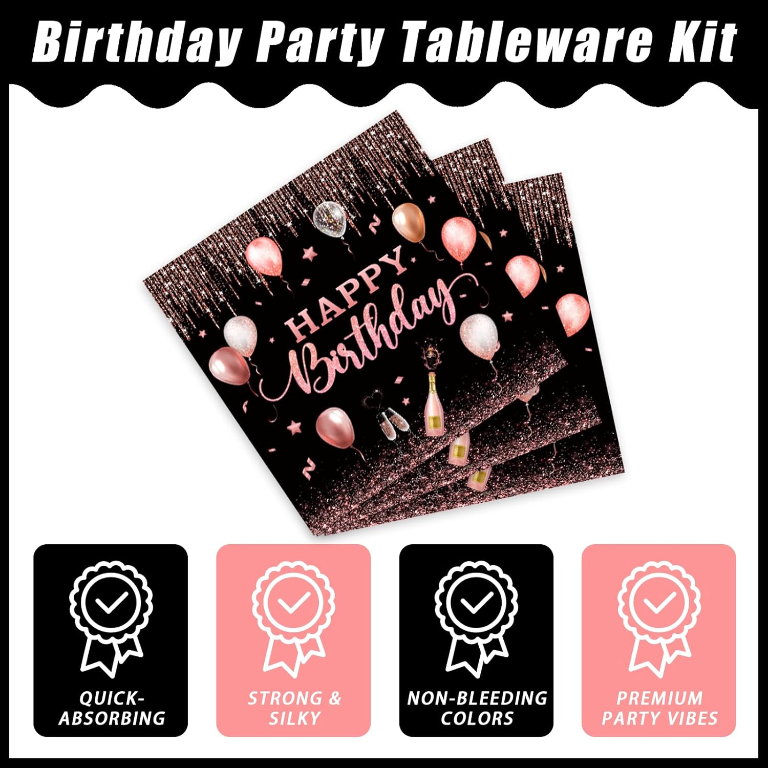 96 Pcs Rose Gold Birthday Plates Napkins Set for 24 Guests