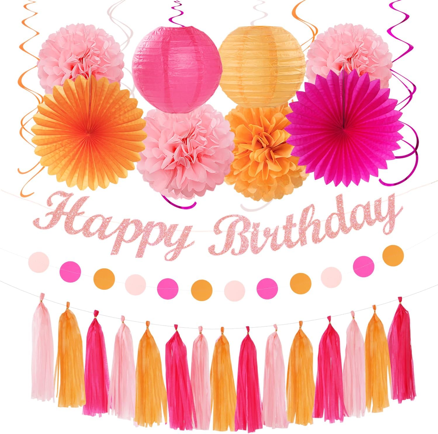Hot Pink Orange Birthday Decor Kit - 31pcs Boho Party Supplies