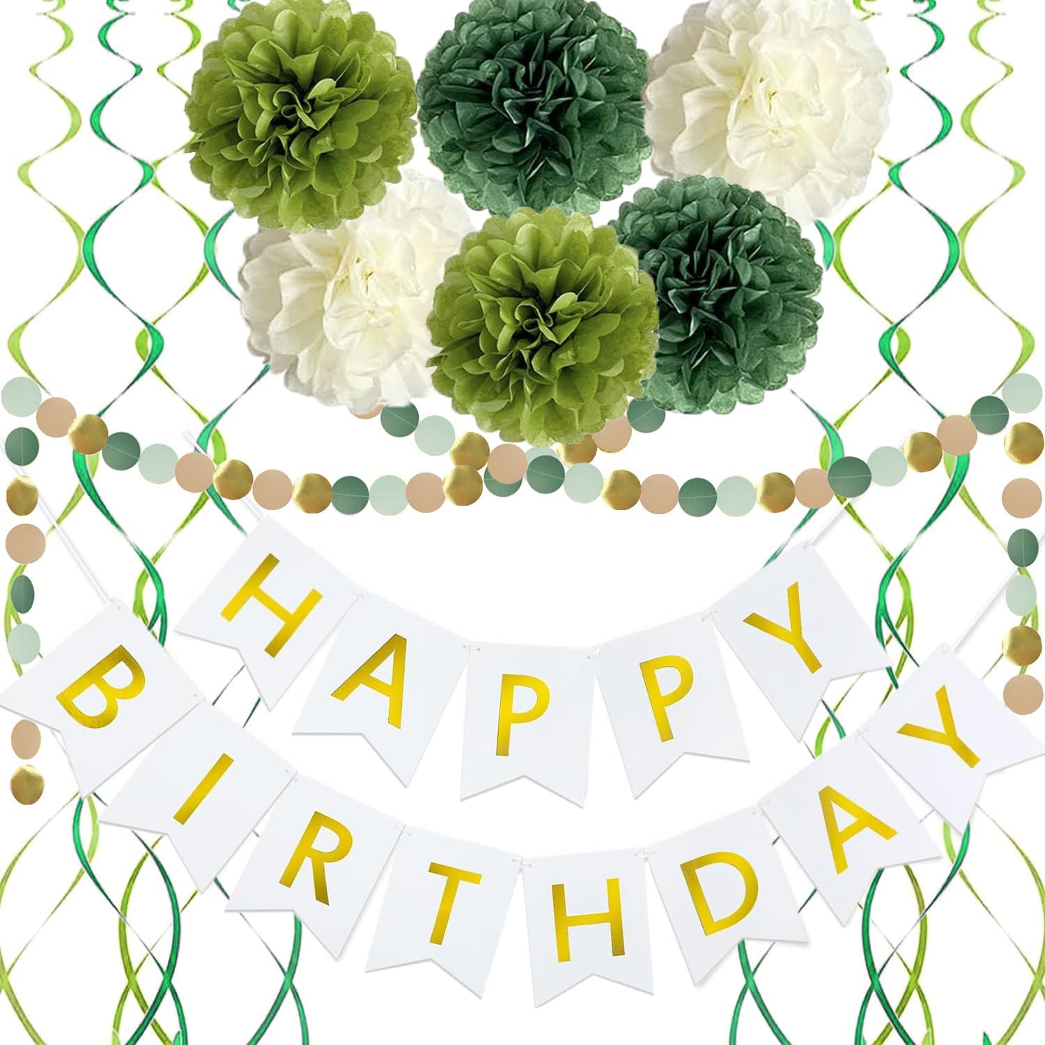 Sage Green Birthday Decor Set with Pom Poms and Banner