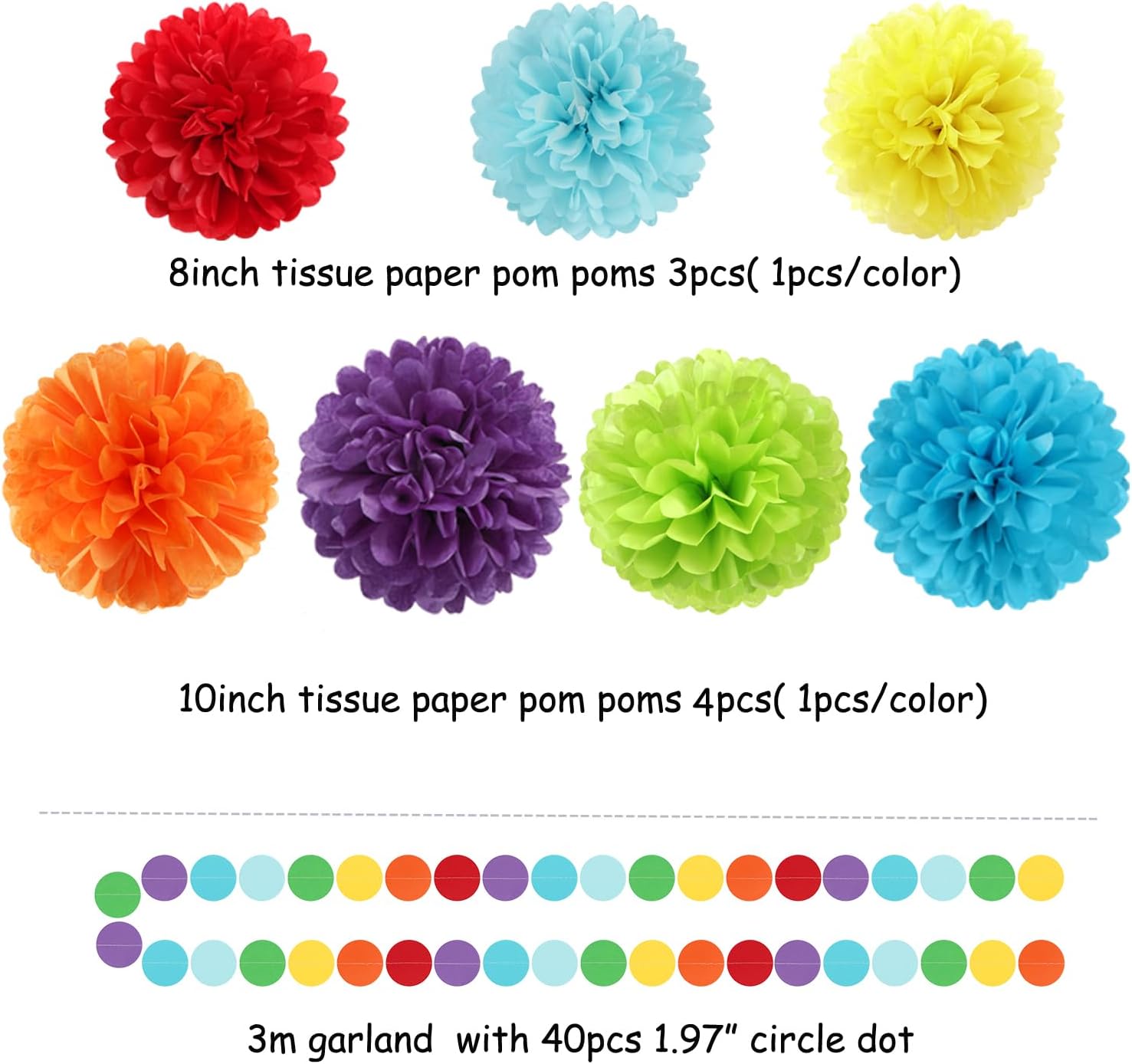Rainbow Party Decorations Tissue Pom Poms 30pcs Set