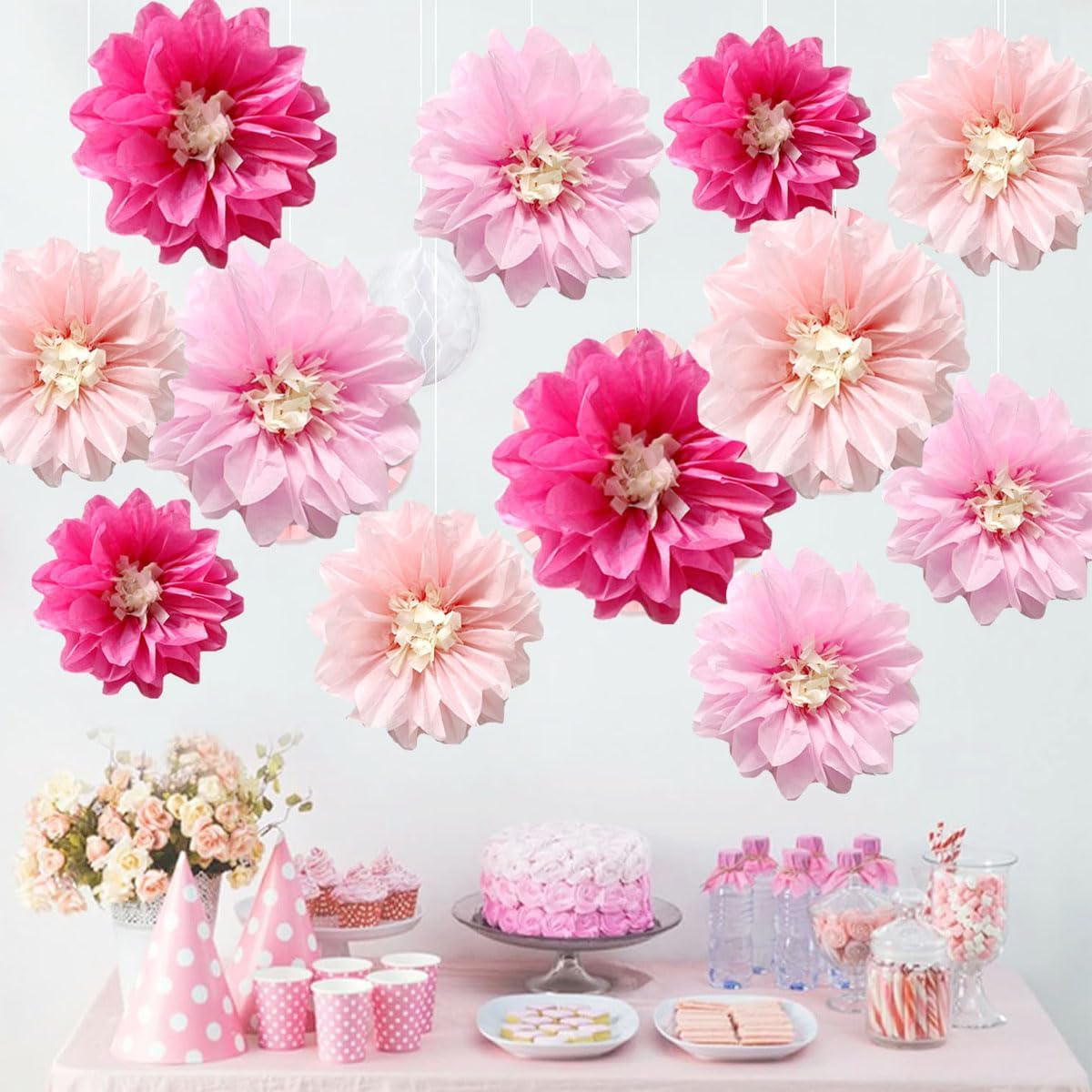 12pcs Pink Paper Pom Poms Wedding Decor DIY Hanging Flowers