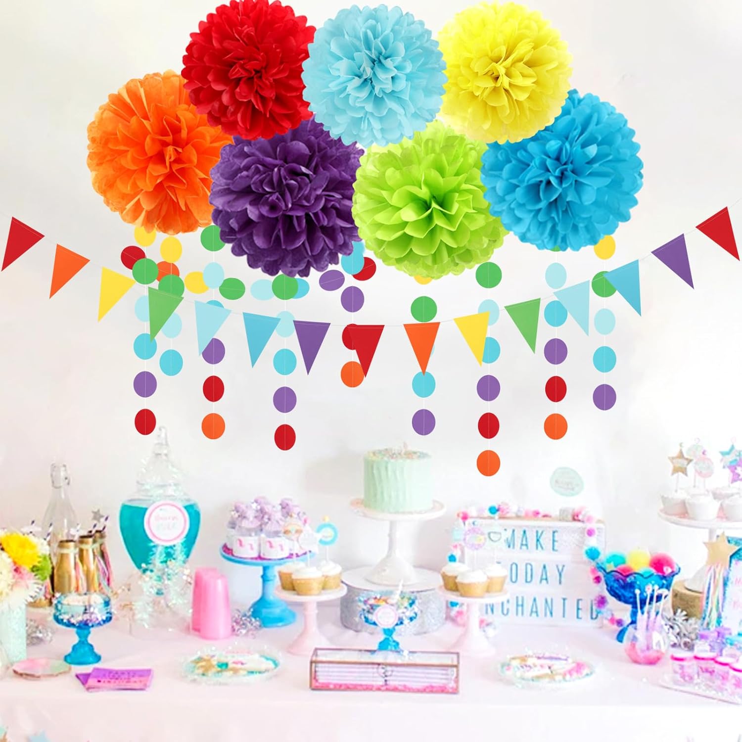 Rainbow Party Decorations Tissue Pom Poms 30pcs Set