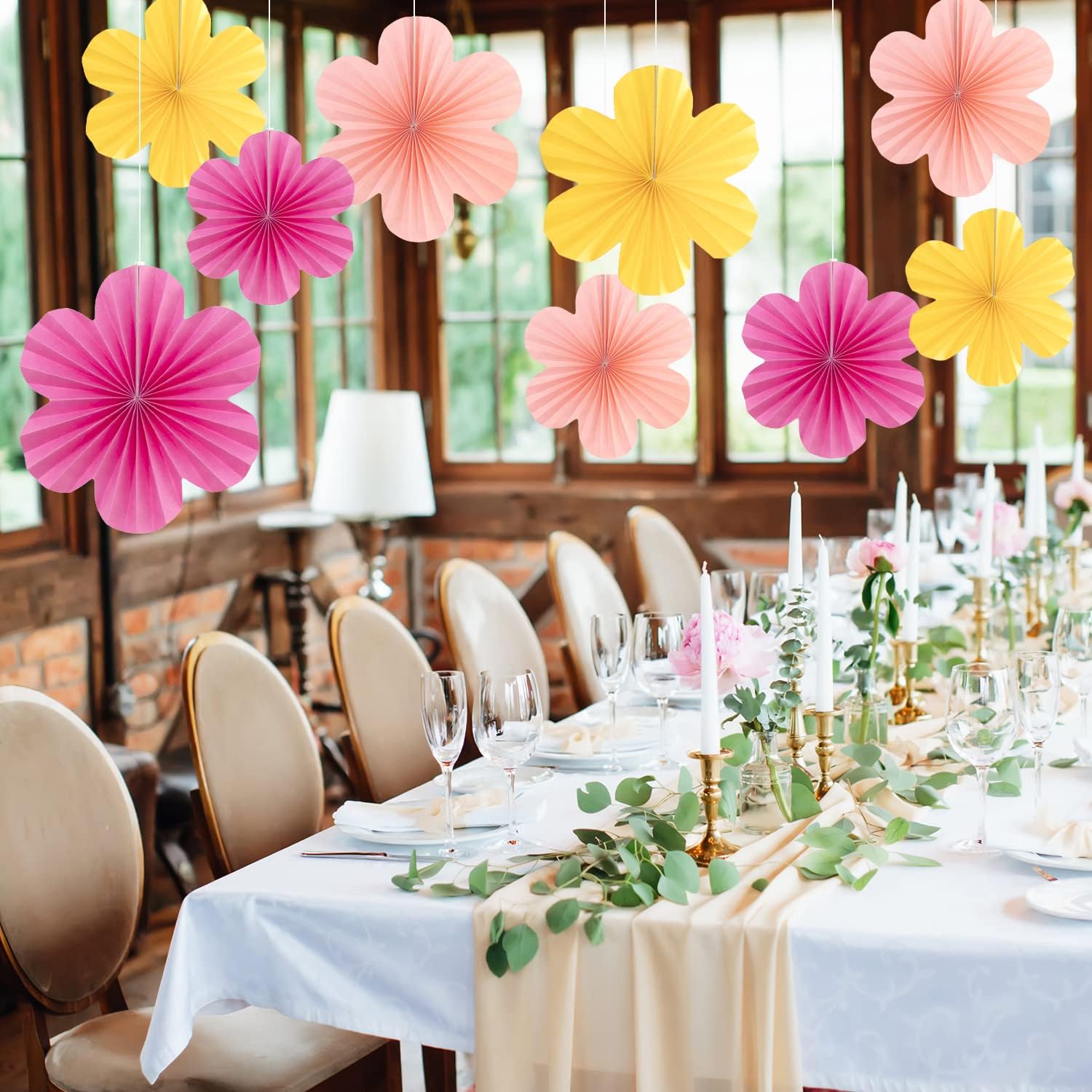 Pink Yellow Hanging Paper Flower Fans Decor Set