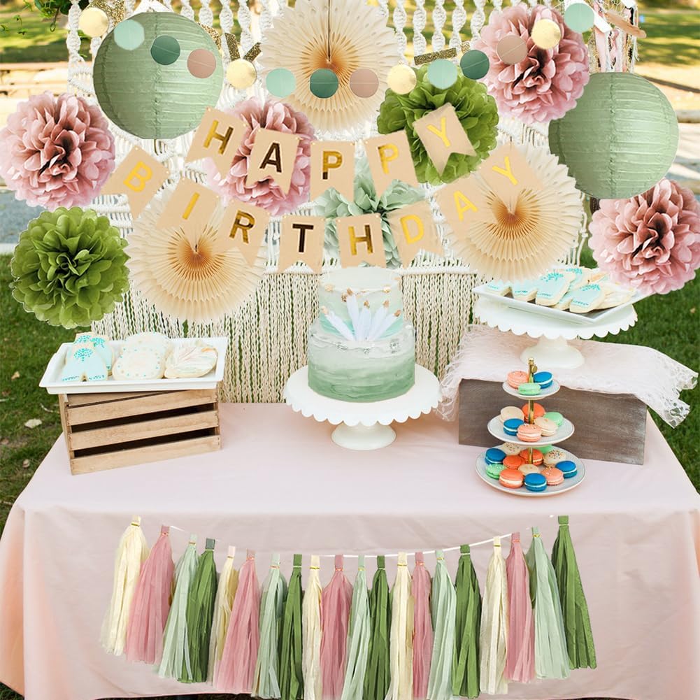 Olive Green and Pink Birthday Decorations Kit
