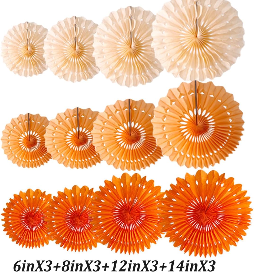Orange Paper Honeycomb Fans Decor Kit 12pcs