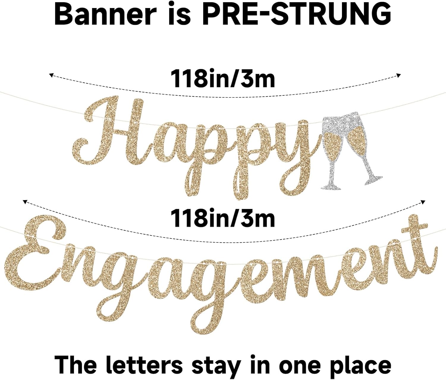Pre-Strung Happy Engagement Banner - Gold Glitter Wedding Decor