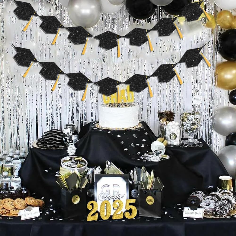 2025 Graduation Decor Banners with Black Glitter Hats and Tassels