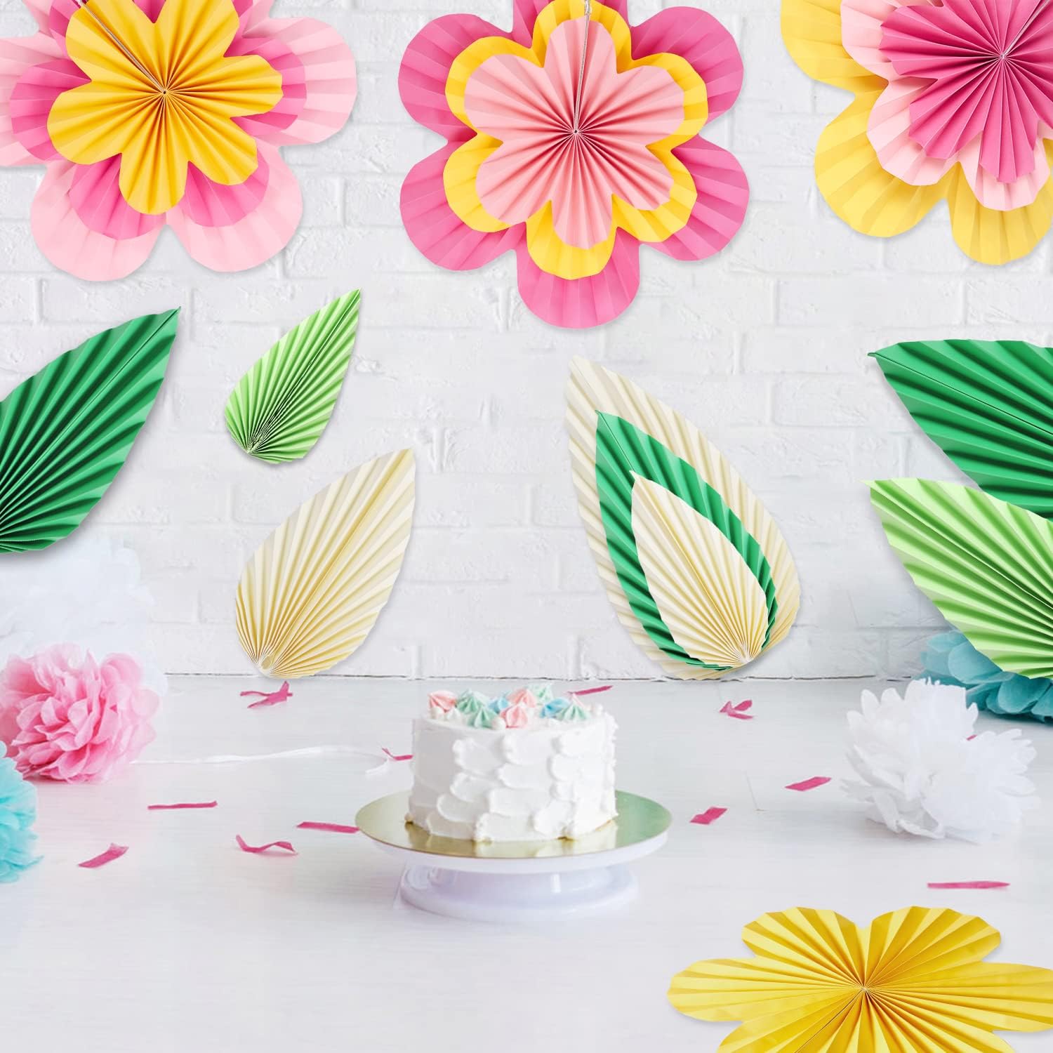 Pink Yellow Hanging Paper Flower Fans Decor Set