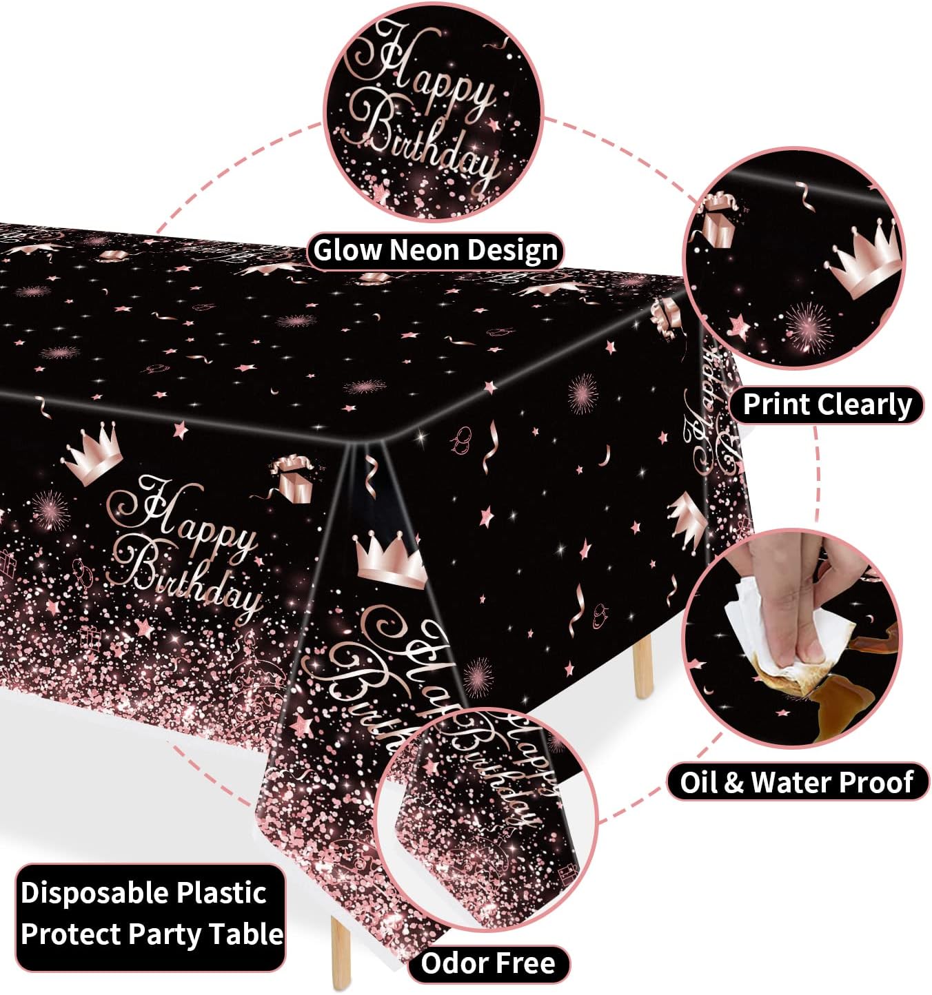 Black Rose Gold Tablecloth Pack of 4 for Birthday Party