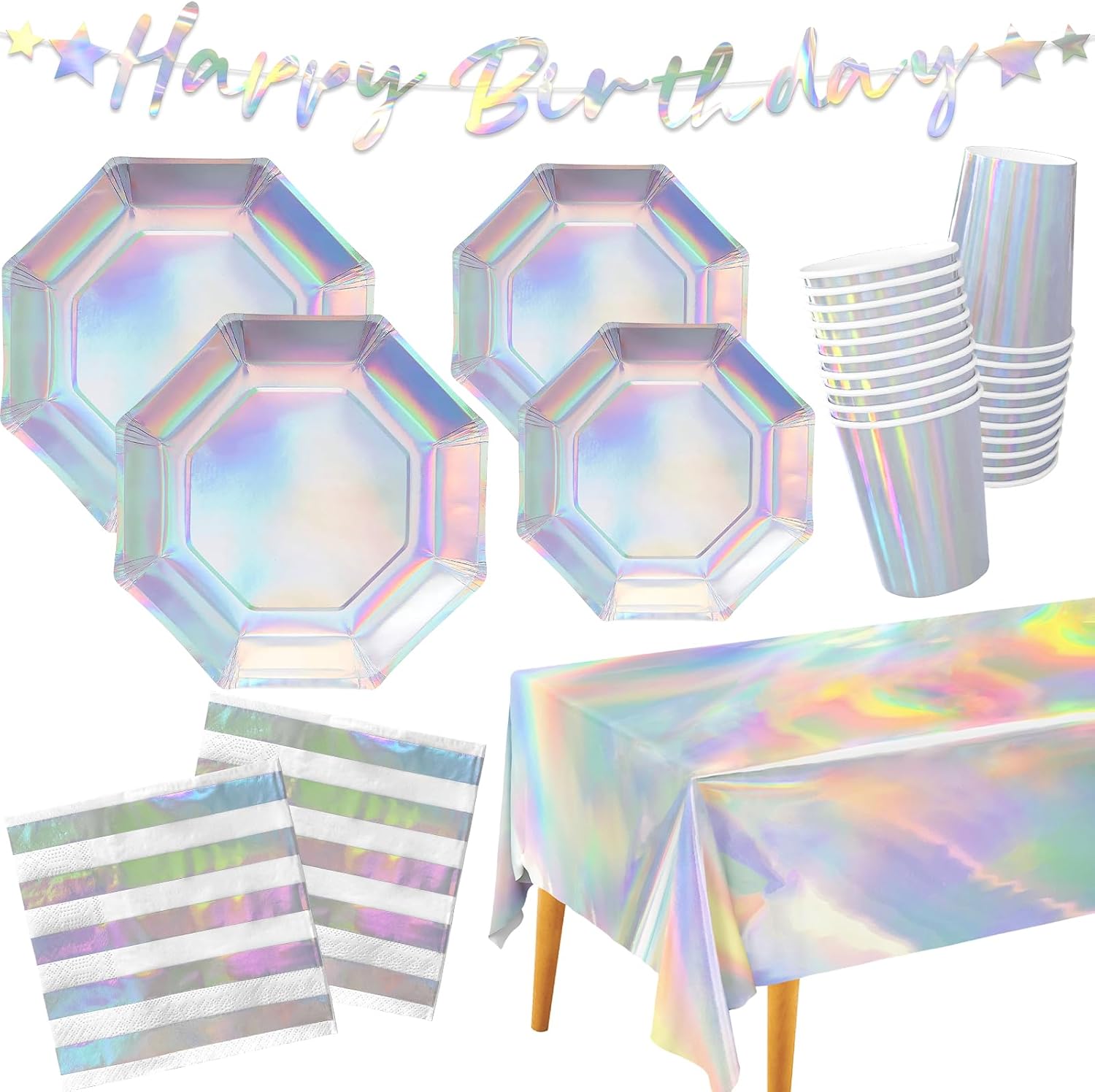 Iridescent Party Supplies Set of 25 Plates Cups Napkins Tablecloth Banner