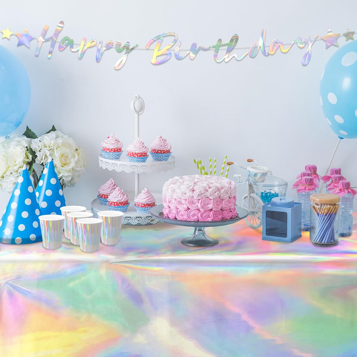 Iridescent Party Supplies Set of 25 Plates Cups Napkins Tablecloth Banner