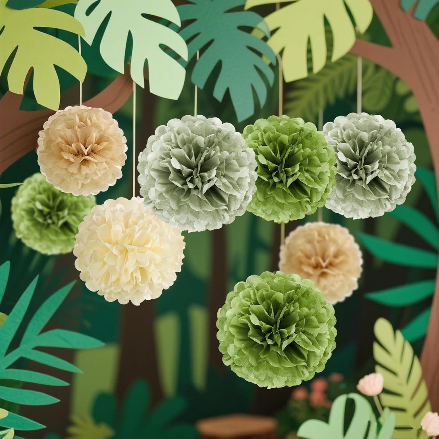 Sage Green Tissue Paper Pom Poms 15PCS Decor Set