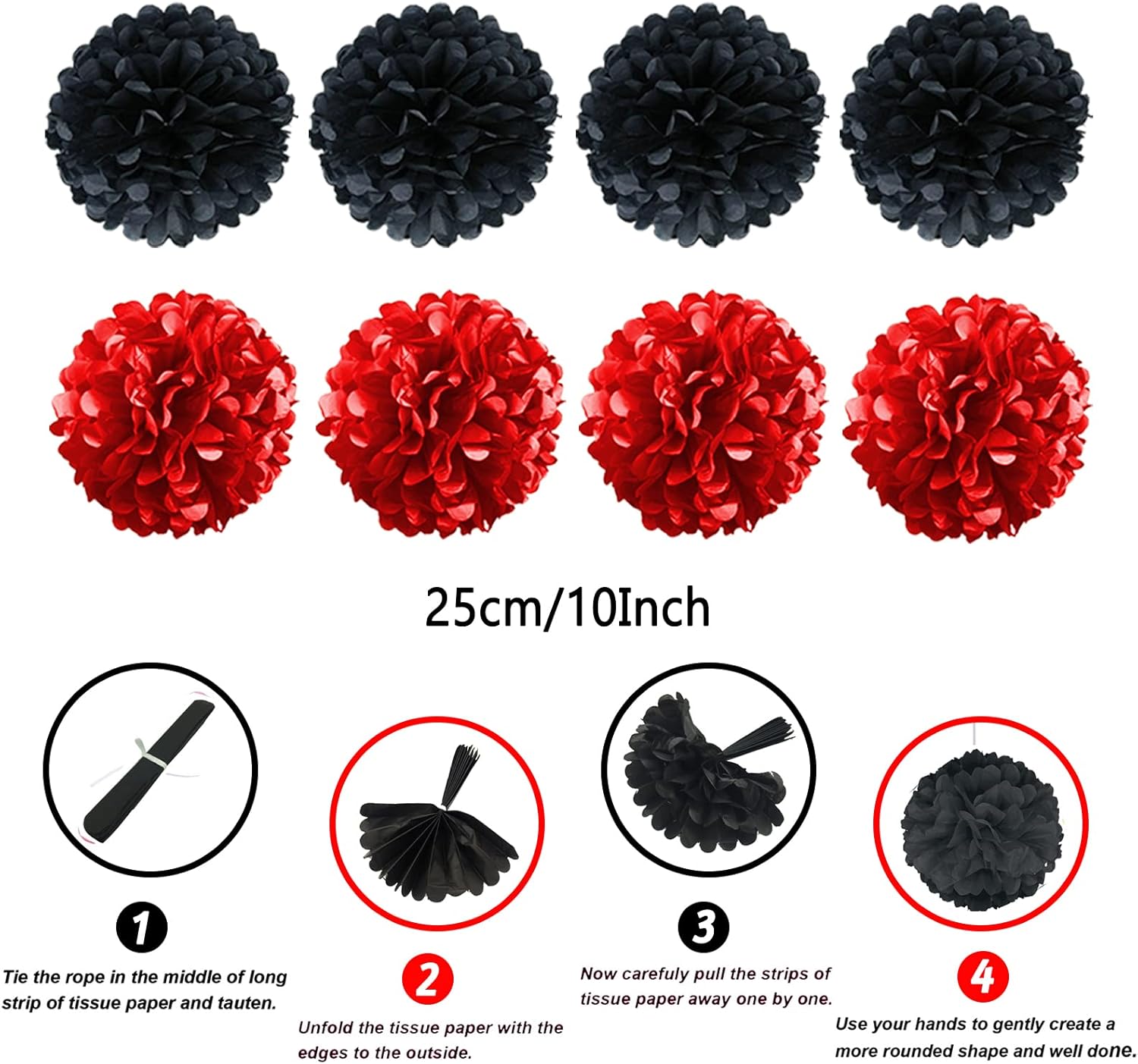 ZERODECO Black and Red Tissue Pom Poms Garland Decor