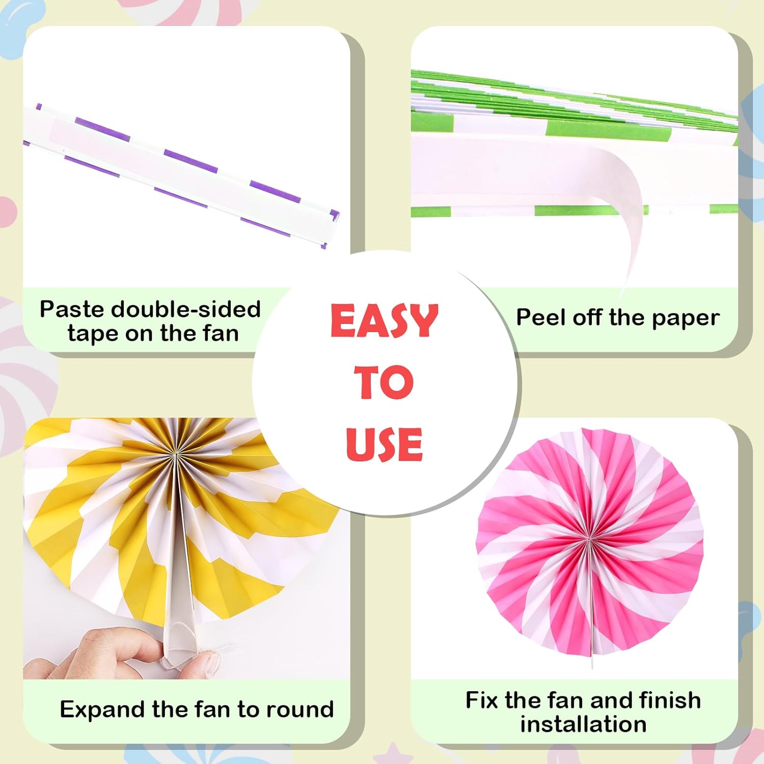 9 Pcs Candyland Themed Paper Fans for Party Decorations