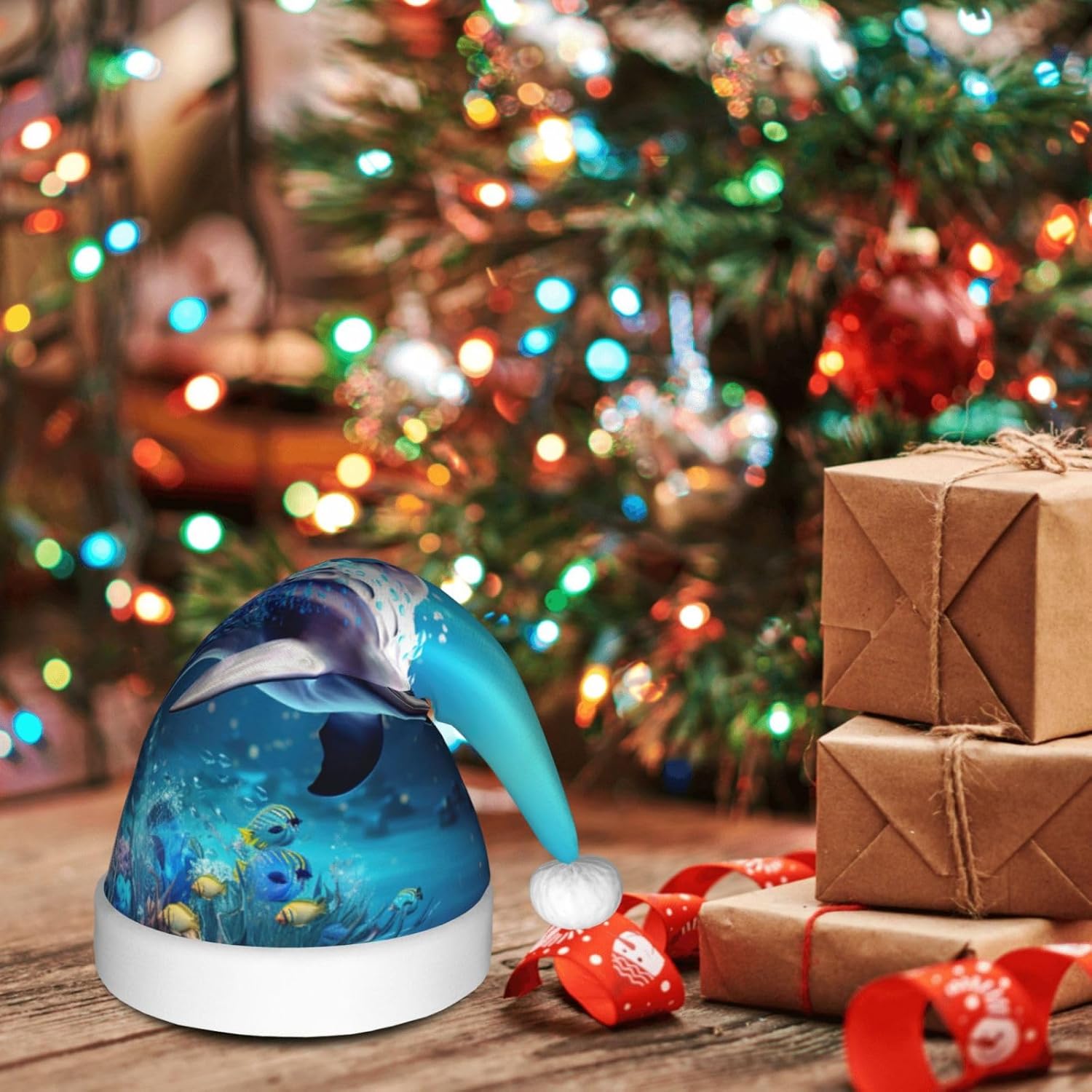 Unique 3D Dolphin Print Christmas Santa Hat Plush for Adult
