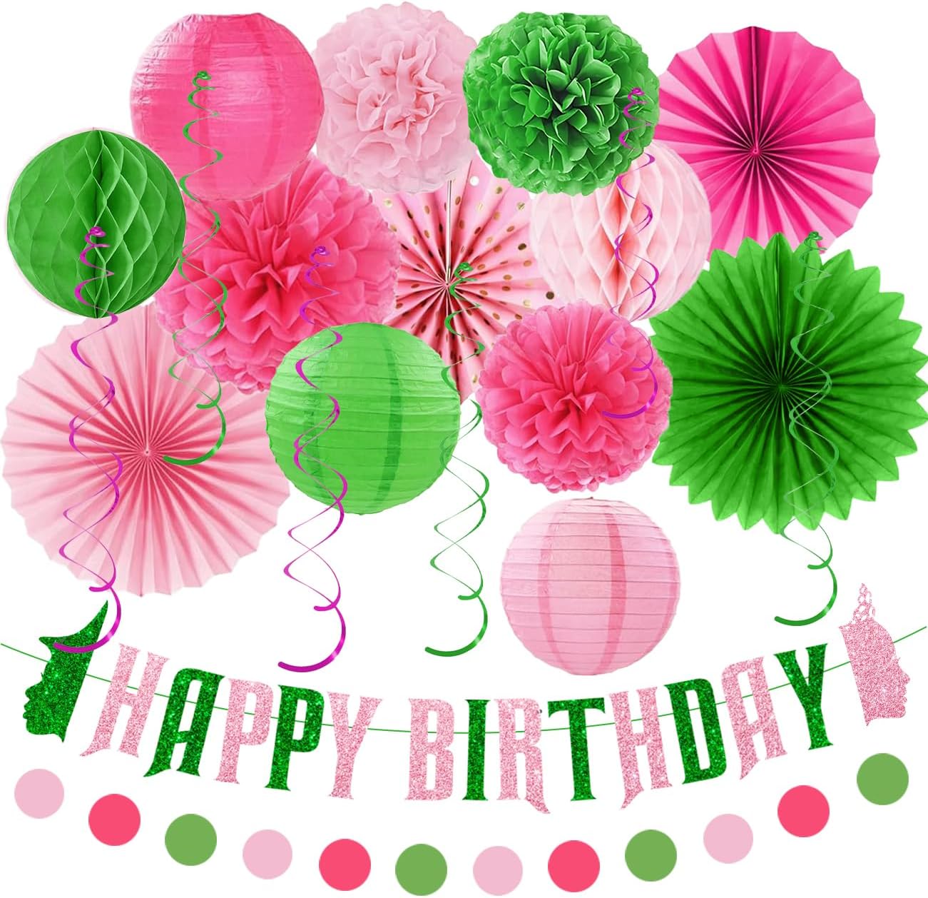 Pink Green Birthday Decorations Set Banner Pom Poms Fans Lanterns