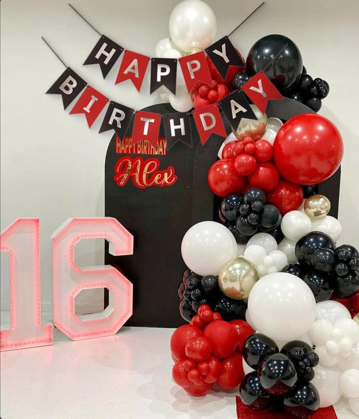 Red Silver Black Happy Birthday Banner Decor