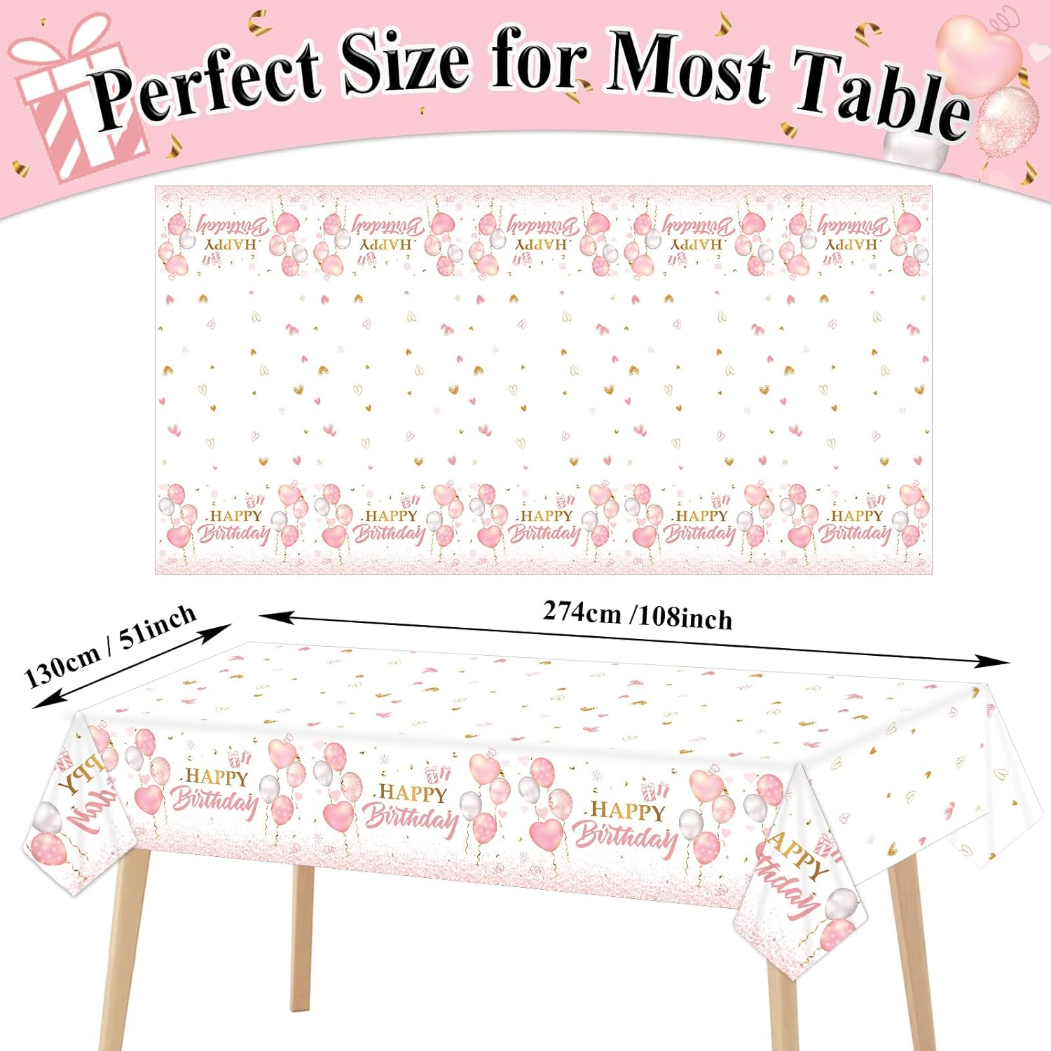 3 Pieces Pink Rose Gold Tablecloth for Birthday Parties