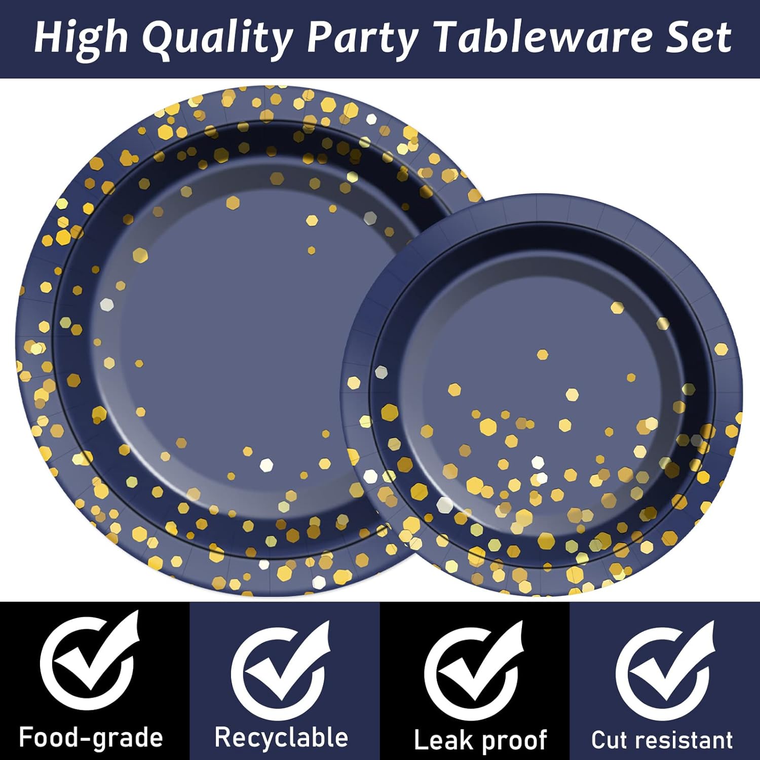 96 Pcs Blue Gold Dot Party Tableware Set