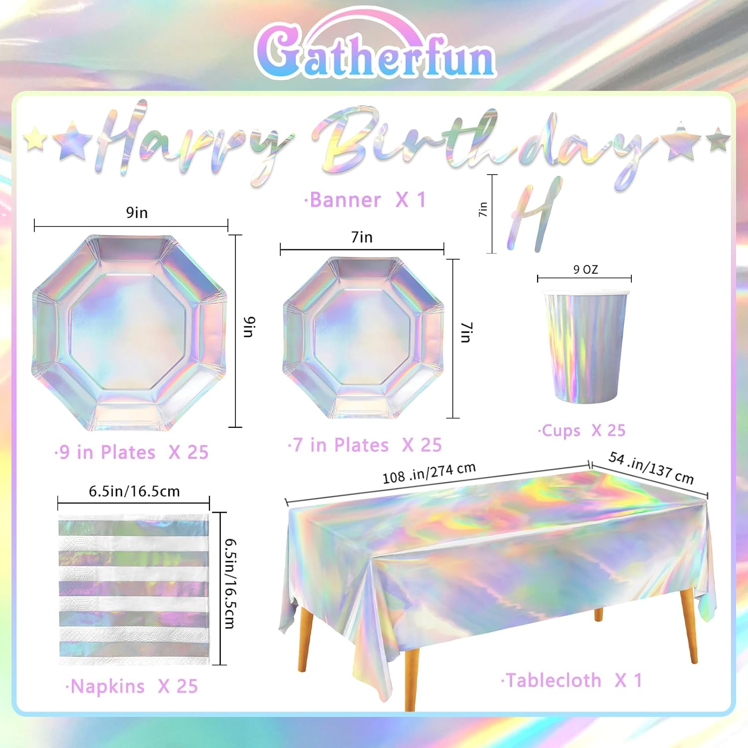 Iridescent Party Supplies Set of 25 Plates Cups Napkins Tablecloth Banner