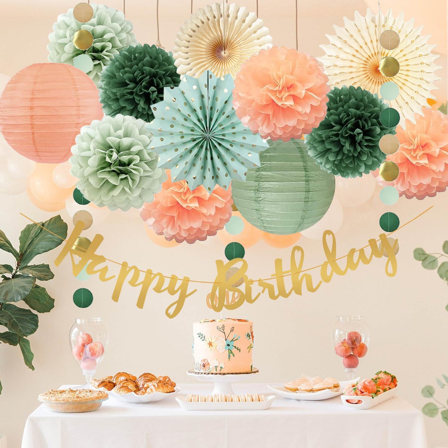 Sage Green and Peach Birthday Decorations Set