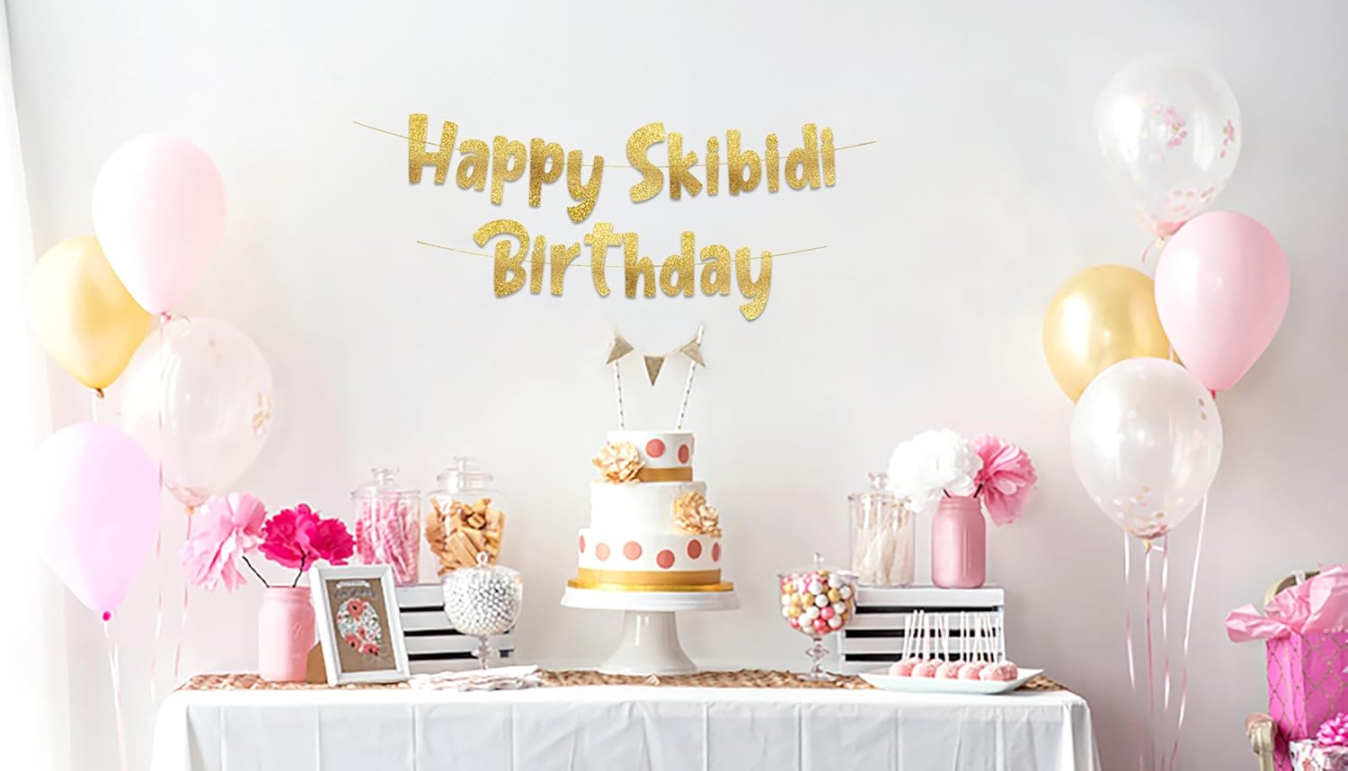 Happy Skibidi Birthday Gold Glitter Banner - Funny Zoomer Decor