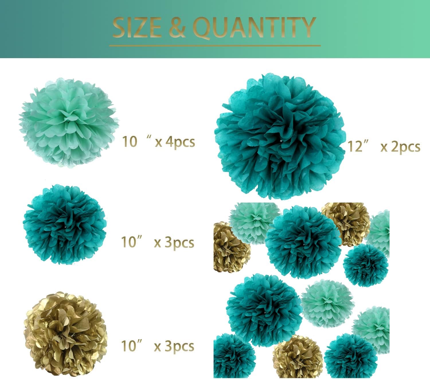 12PCS Teal Turquoise Aqua Gold Party Decor Pom Poms