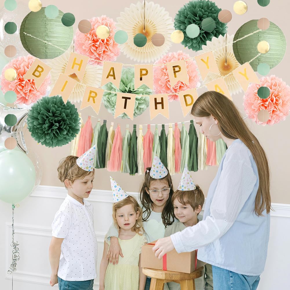 Sage Green Peach Birthday Decorations Set