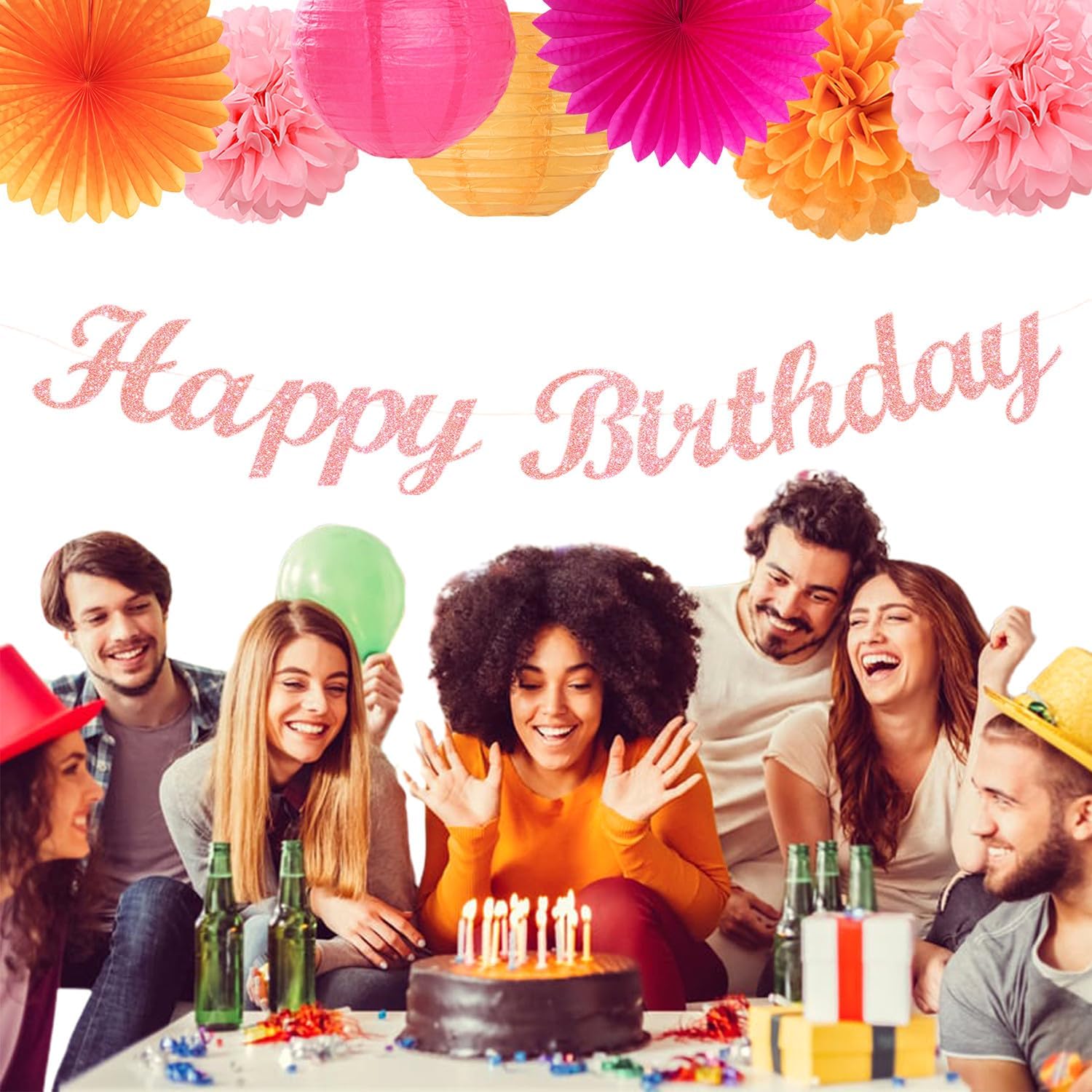 Hot Pink Orange Birthday Decor Kit - 31pcs Boho Party Supplies