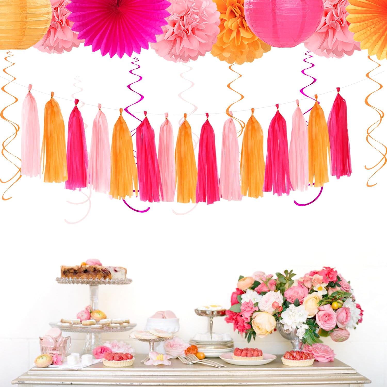 Hot Pink Orange Birthday Decor Kit - 31pcs Boho Party Supplies