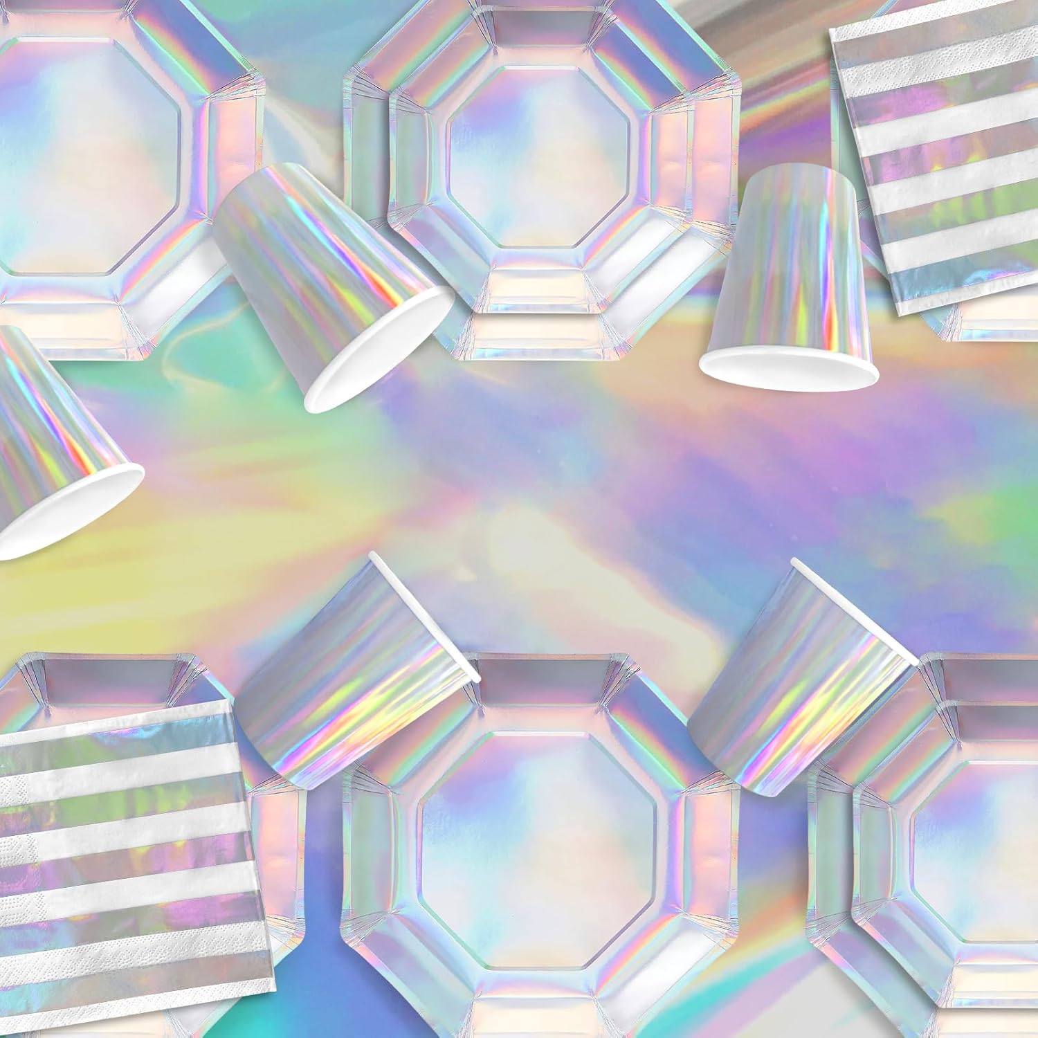 Iridescent Party Supplies Set of 25 Plates Cups Napkins Tablecloth Banner
