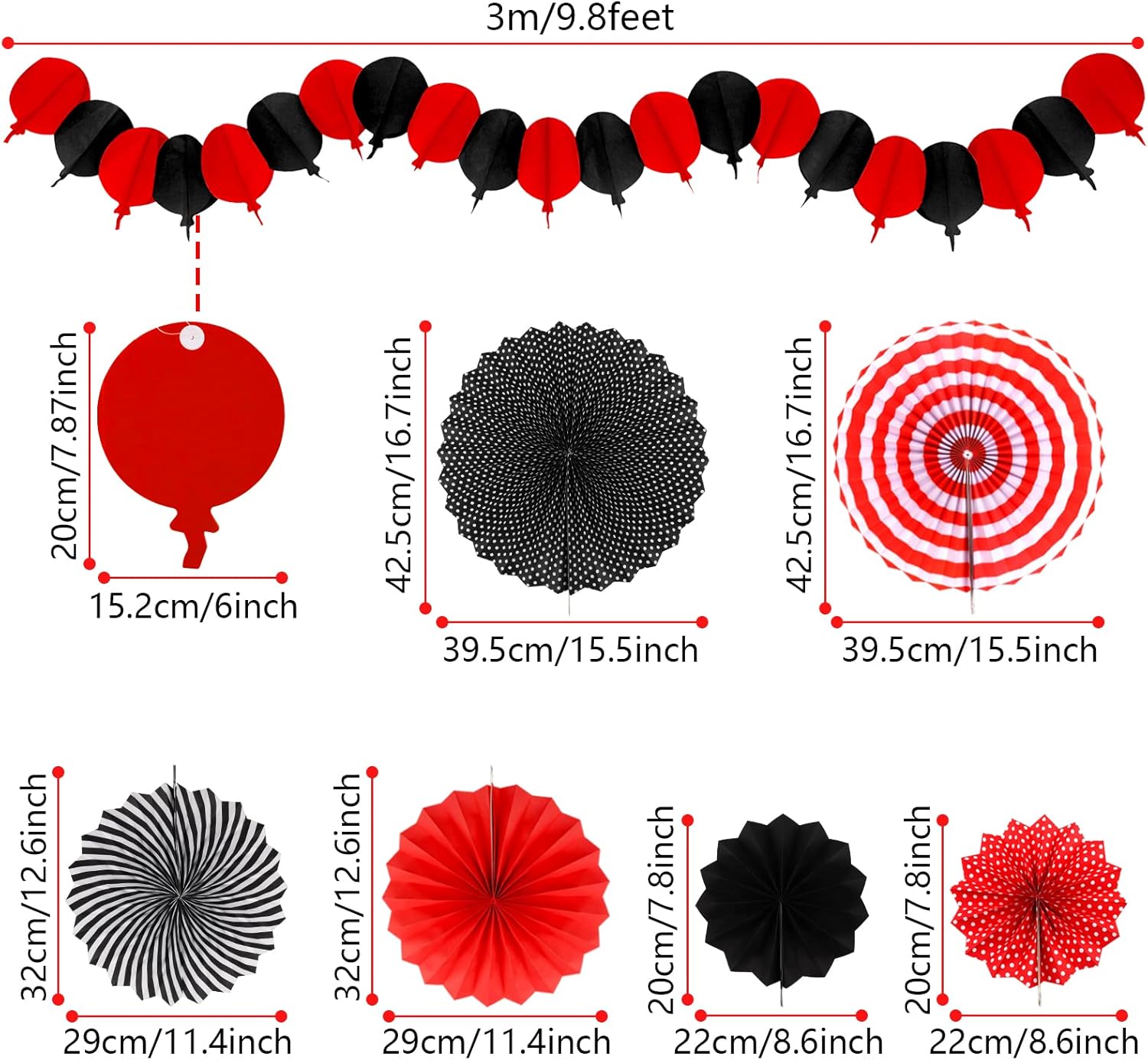 Red and Black Party Decorations Set with Fans and Pompoms