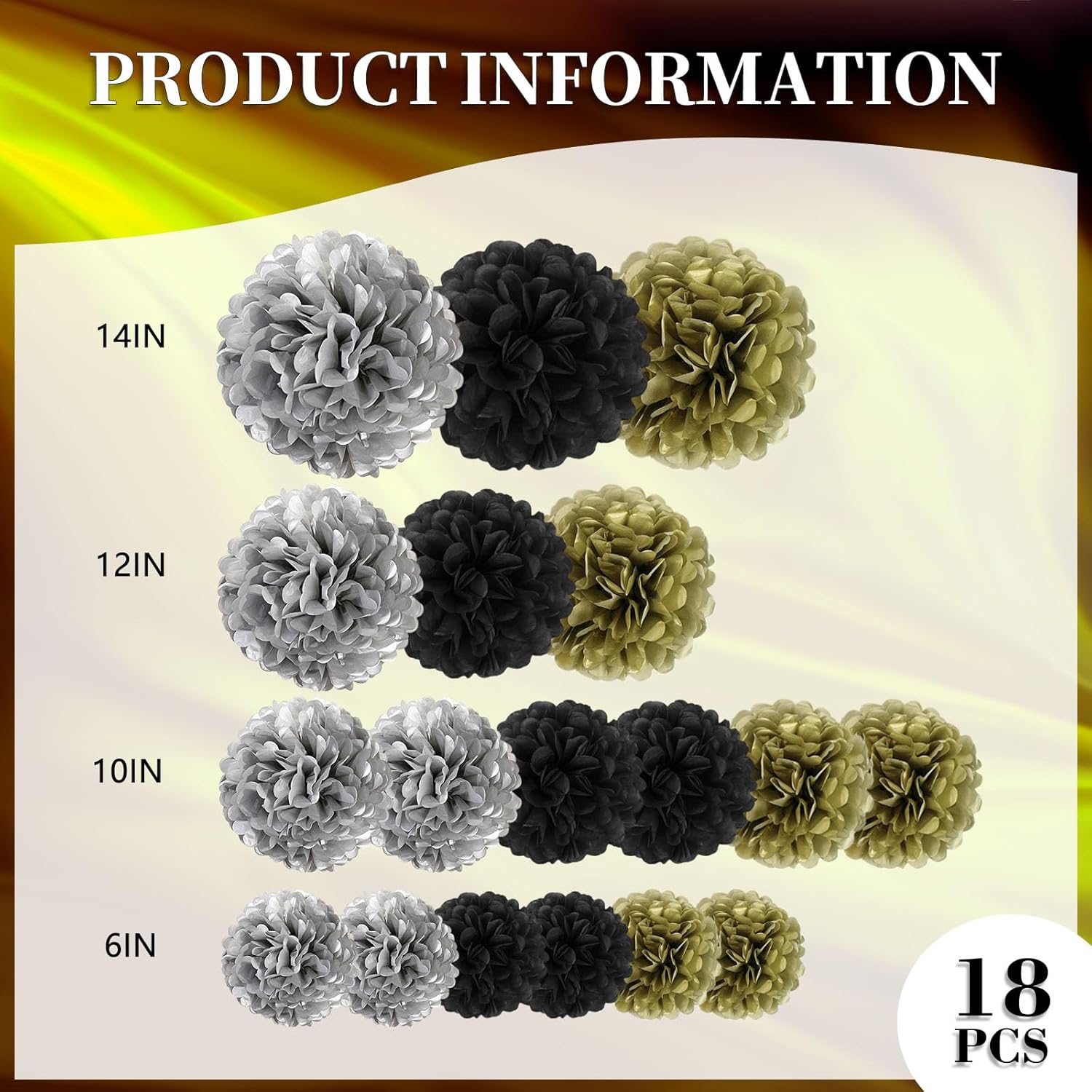 18 PCS Tissue Paper Pom Poms Decor Black Gold Silver