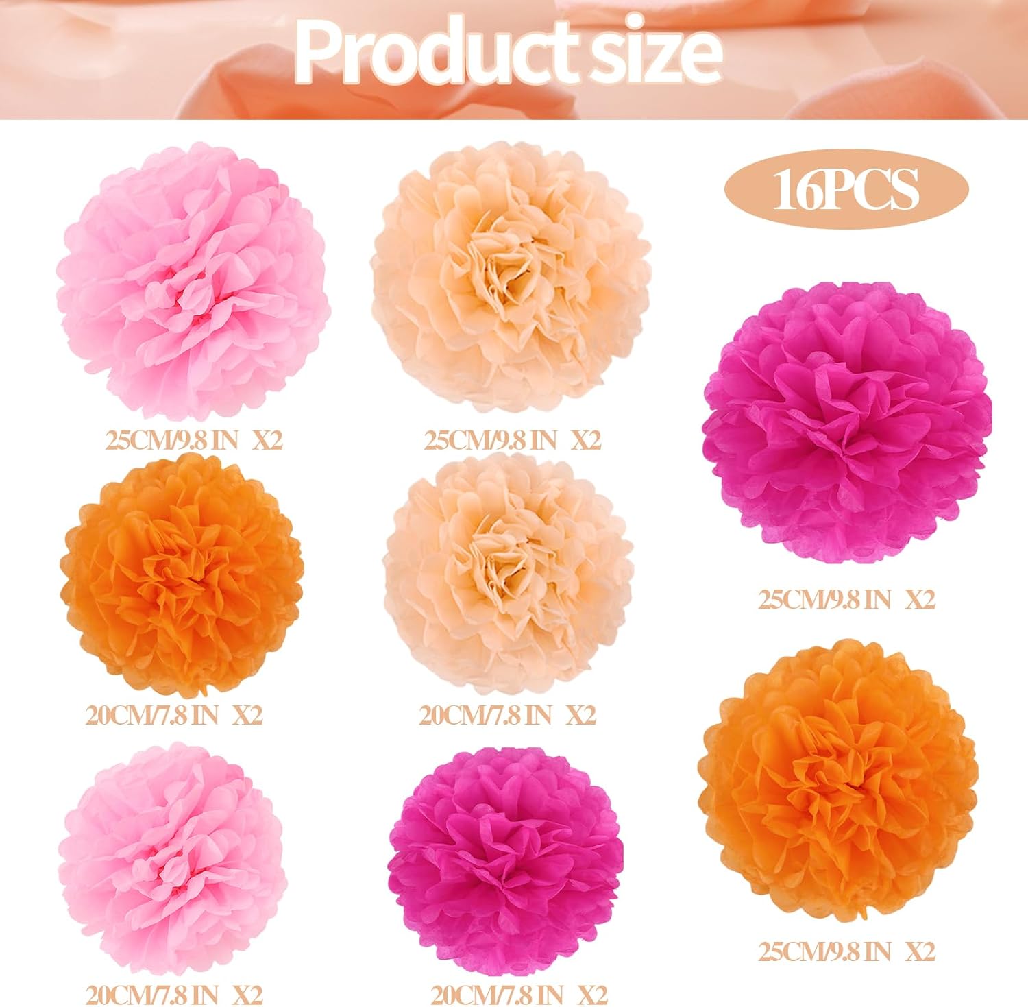 BestoFun 16 PCS Hot Pink Orange Party Decorations Pom Poms