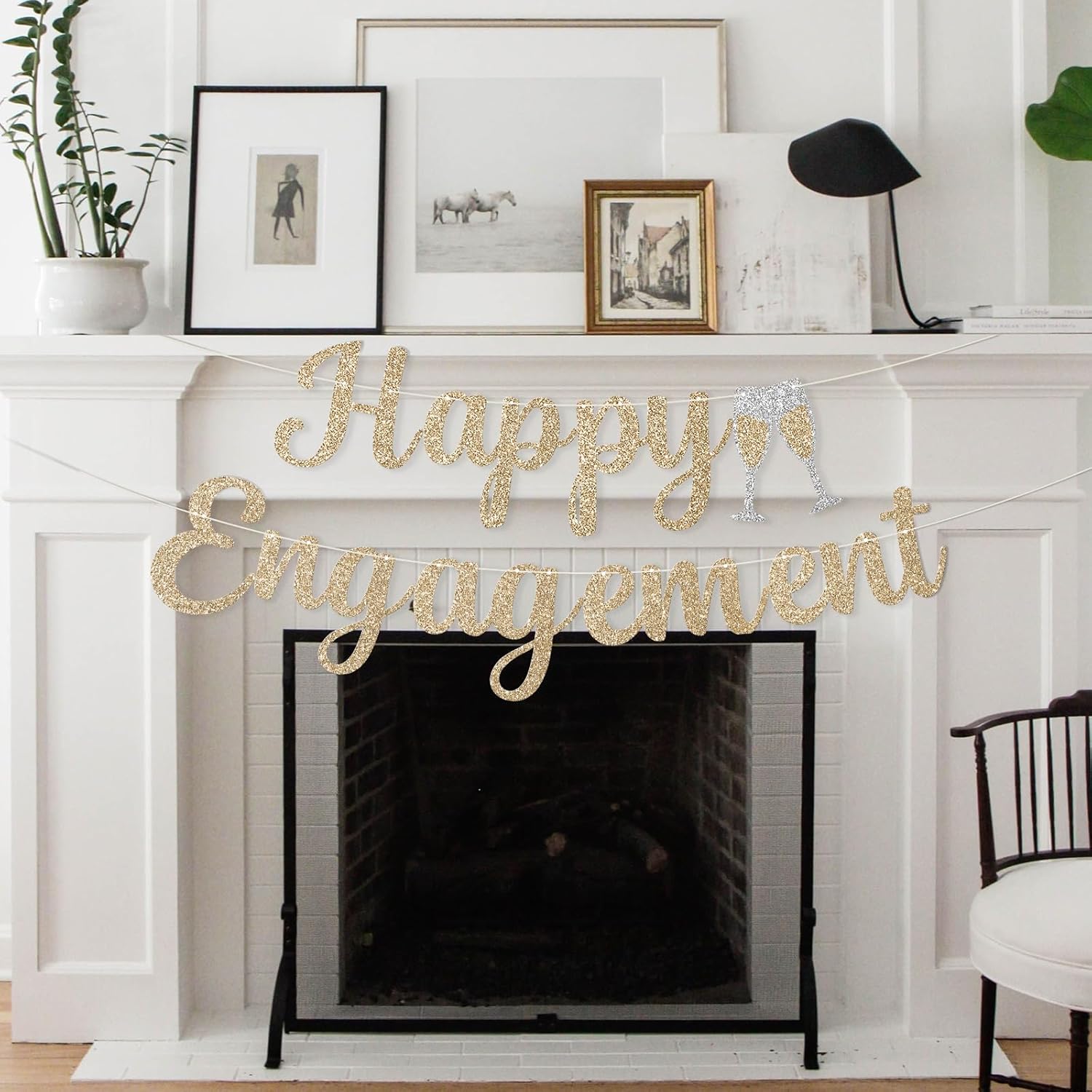 Pre-Strung Happy Engagement Banner - Gold Glitter Wedding Decor