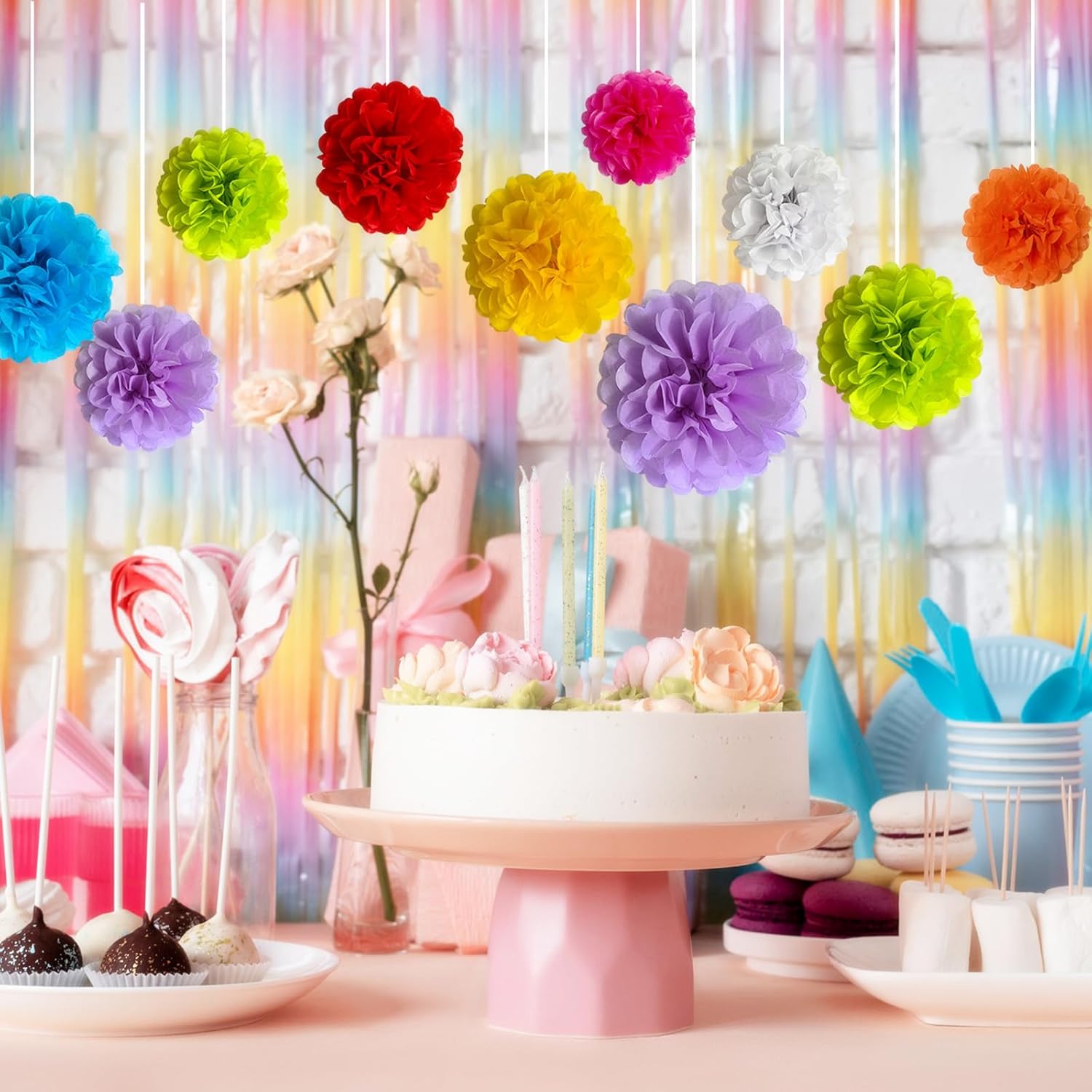 24 Packs Fiesta Decorations Tissue Paper Pom Poms Flower Set