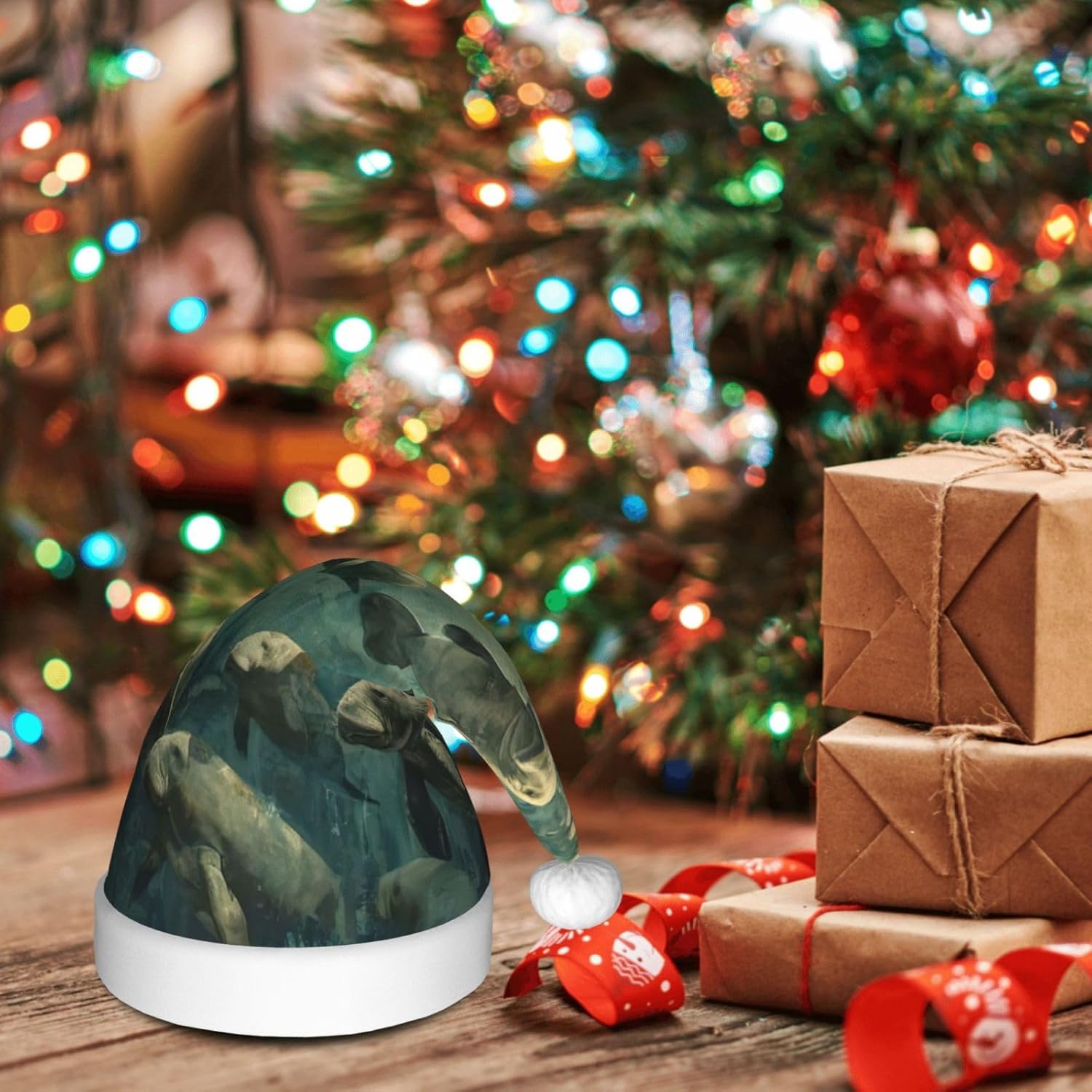 Manatee Animals Print Santa Hat Plush Funny Christmas Headwear