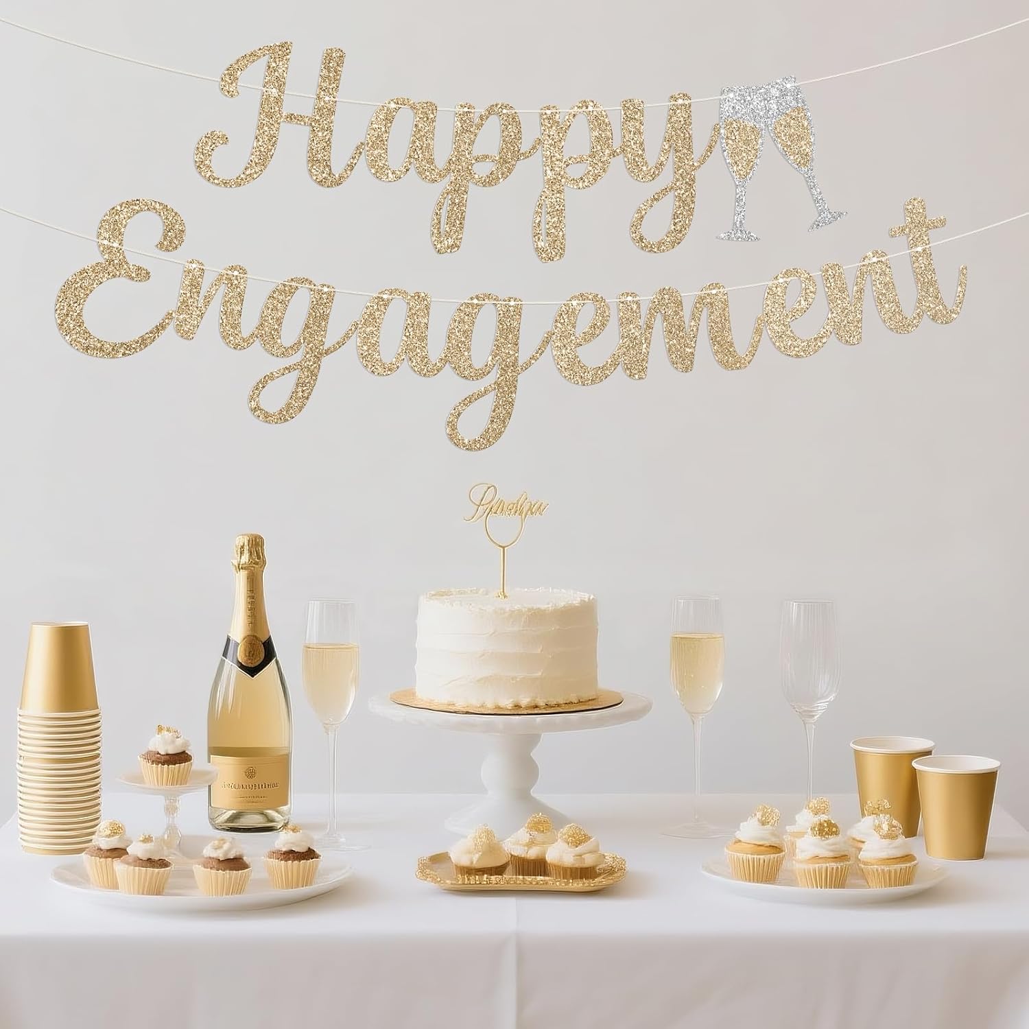 Pre-Strung Happy Engagement Banner - Gold Glitter Wedding Decor