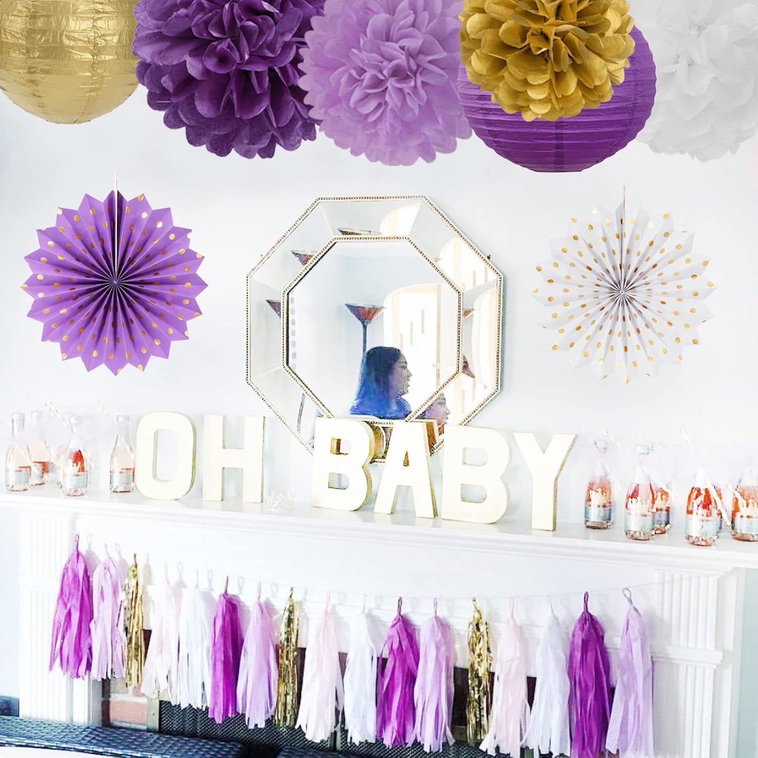 Purple Gold Party Decorations Streamers Lanterns - 14pcs