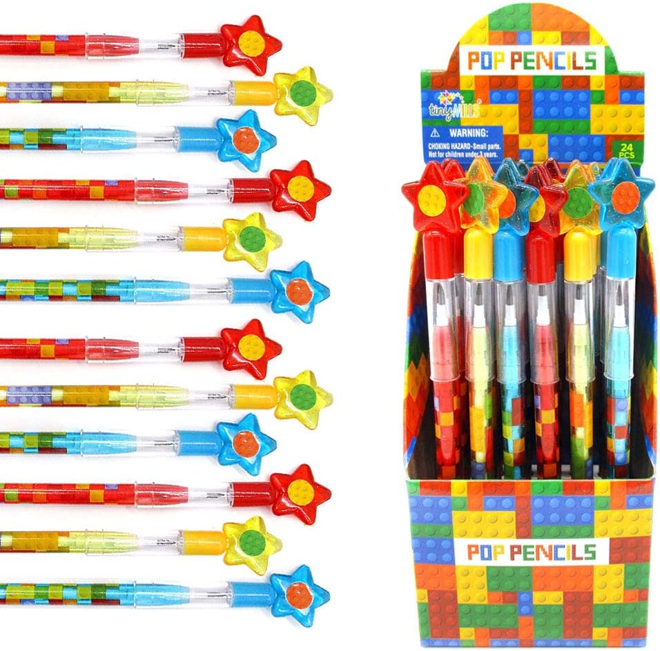 Tiny Mills 24 Pcs Building Block Stacking Pencils with Erasers