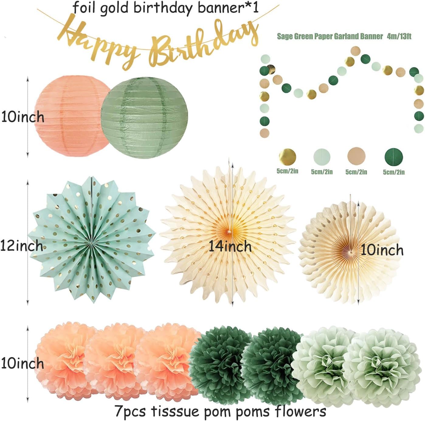 Sage Green and Peach Birthday Decorations Set