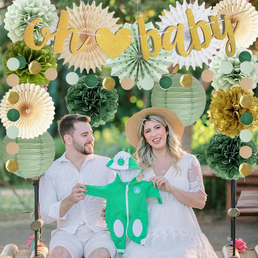Sage Green Baby Shower Decorations with Gold and Olive Accents
