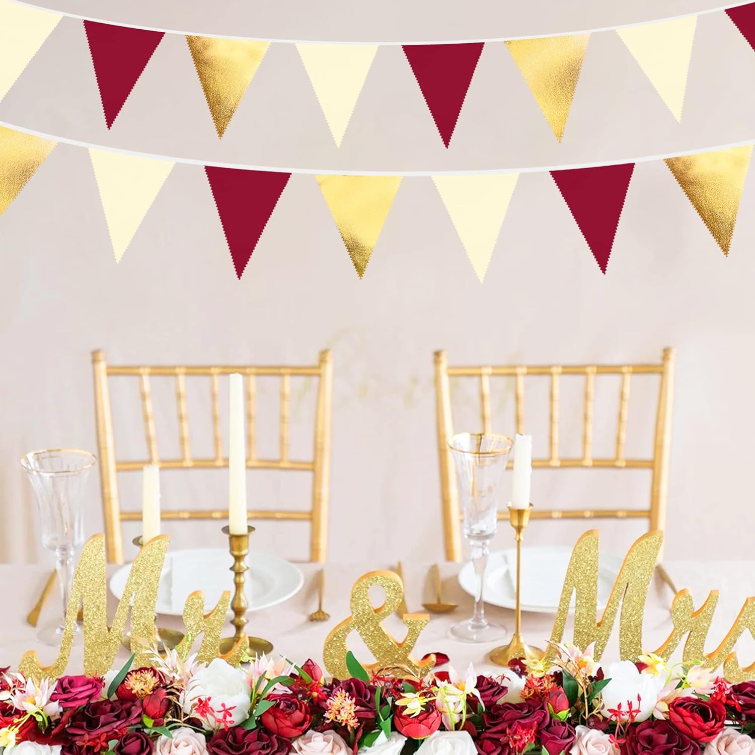 Burgundy Gold Beige Triangle Pennant Banner Garland
